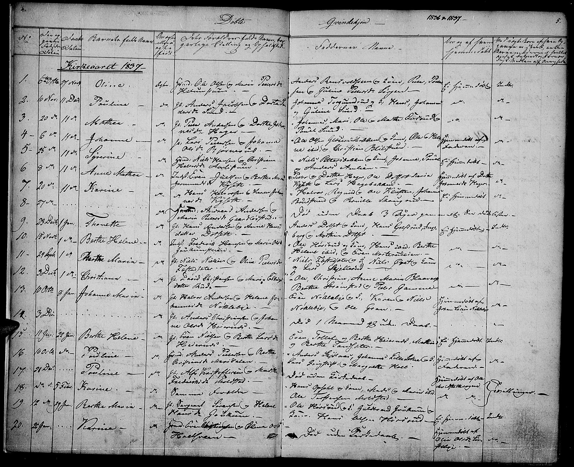 Vestre Toten prestekontor, SAH/PREST-108/H/Ha/Haa/L0003: Parish register (official) no. 3, 1836-1843, p. 4-5