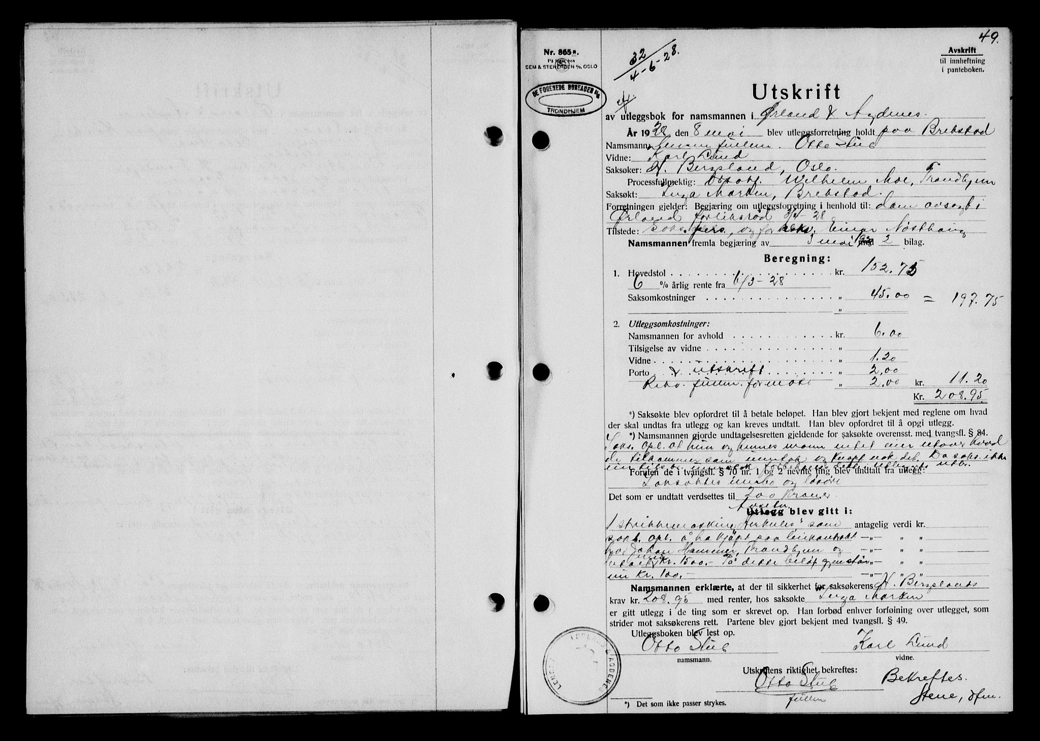 Fosen sorenskriveri, SAT/A-1107/1/2/2C/L0067: Mortgage book no. 58, 1928-1929, p. 49, Deed date: 04.06.1928