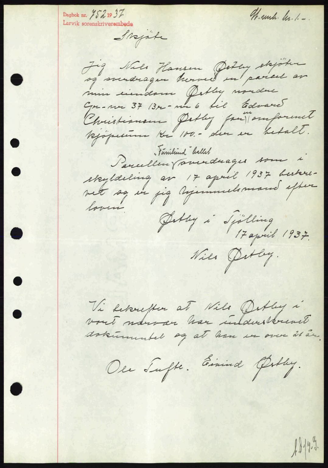 Larvik sorenskriveri, SAKO/A-83/G/Ga/Gab/L0067: Mortgage book no. A-1, 1936-1937, Diary no: : 752/1937