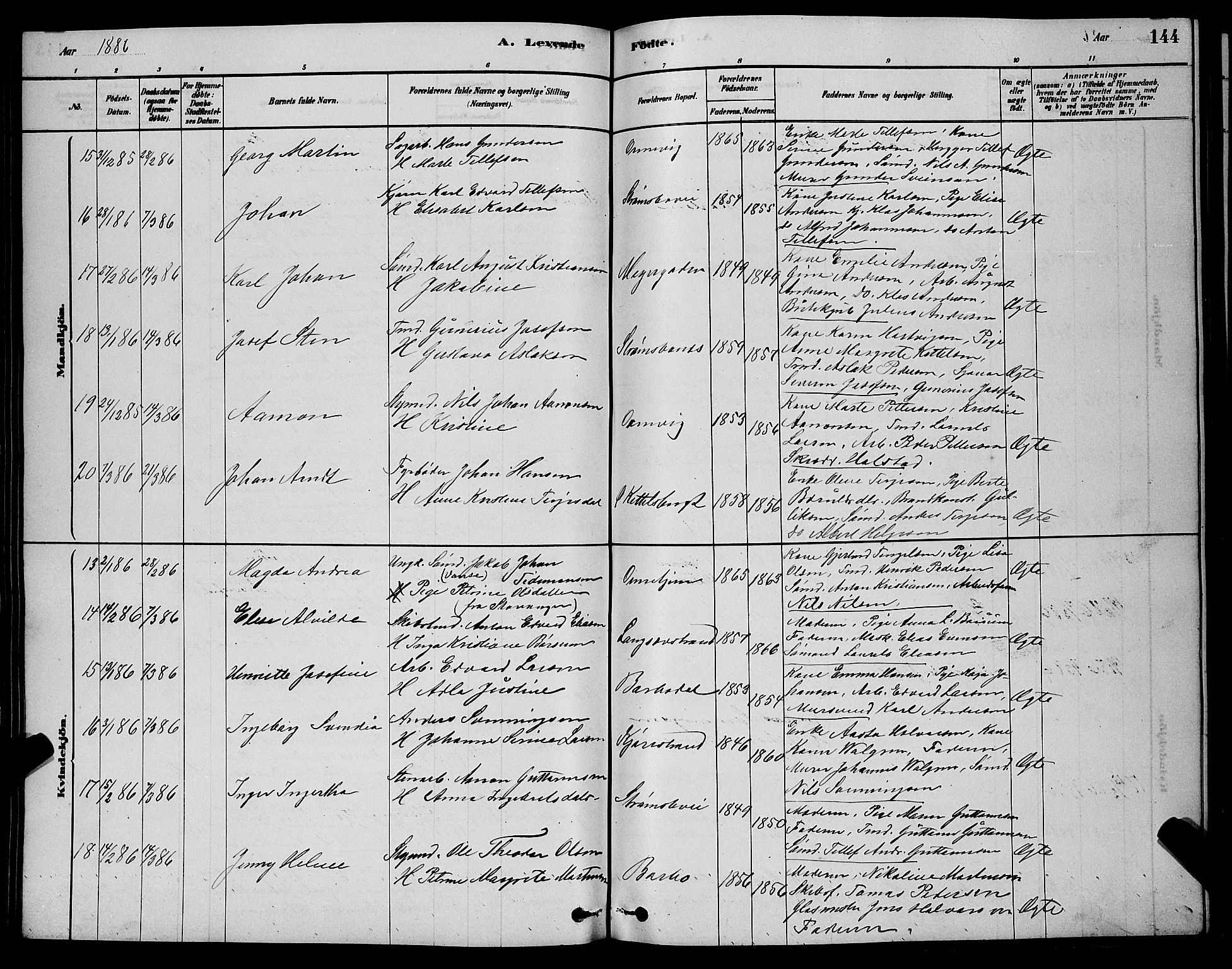 Barbu sokneprestkontor, AV/SAK-1111-0003/F/Fb/L0001: Parish register (copy) no. B 1, 1878-1890, p. 144