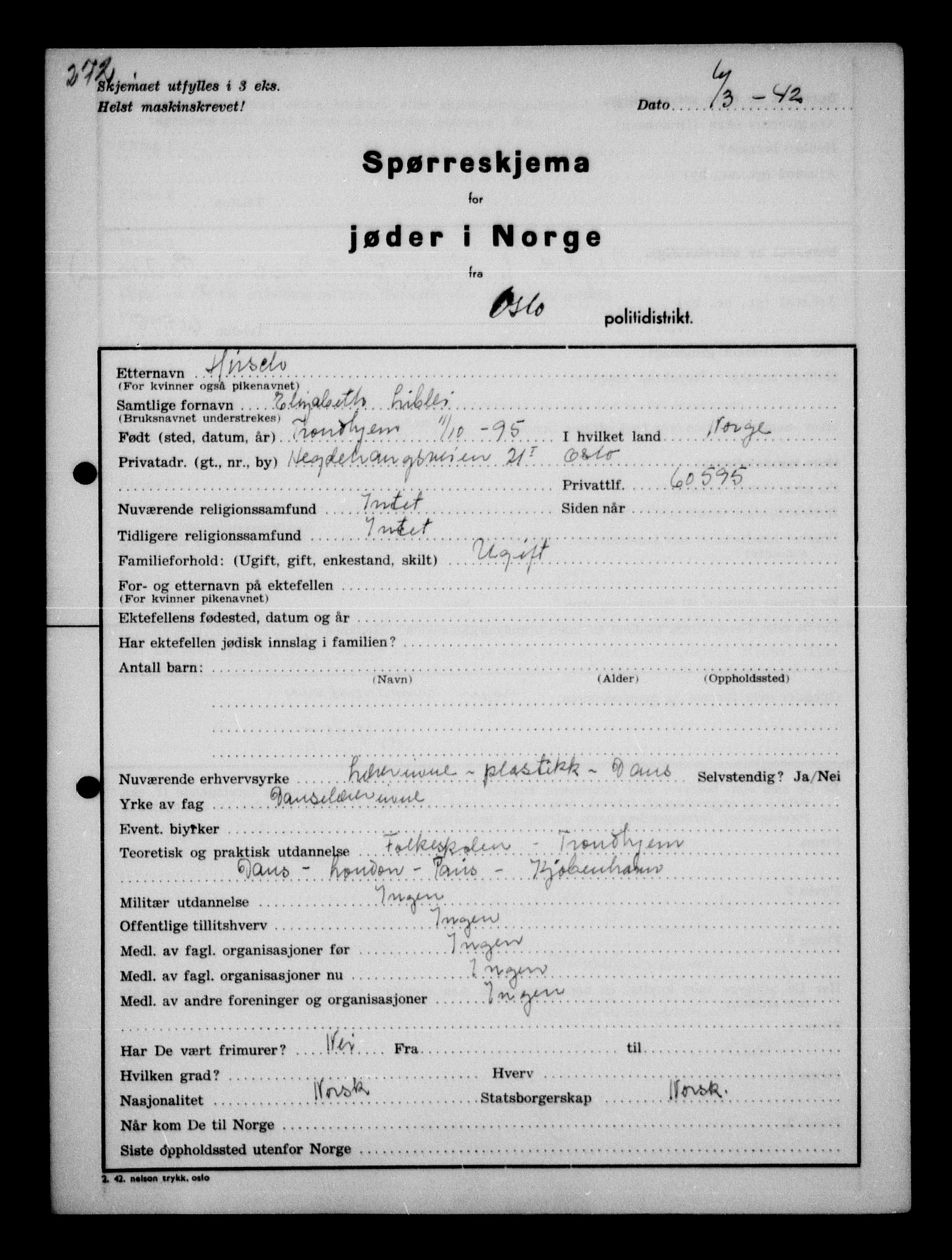 Statspolitiet - Hovedkontoret / Osloavdelingen, AV/RA-S-1329/G/Ga/L0010: Spørreskjema for jøder i Norge: Jøder bosatt i Oslo, Hansen - Pintzow, 1942, p. 30