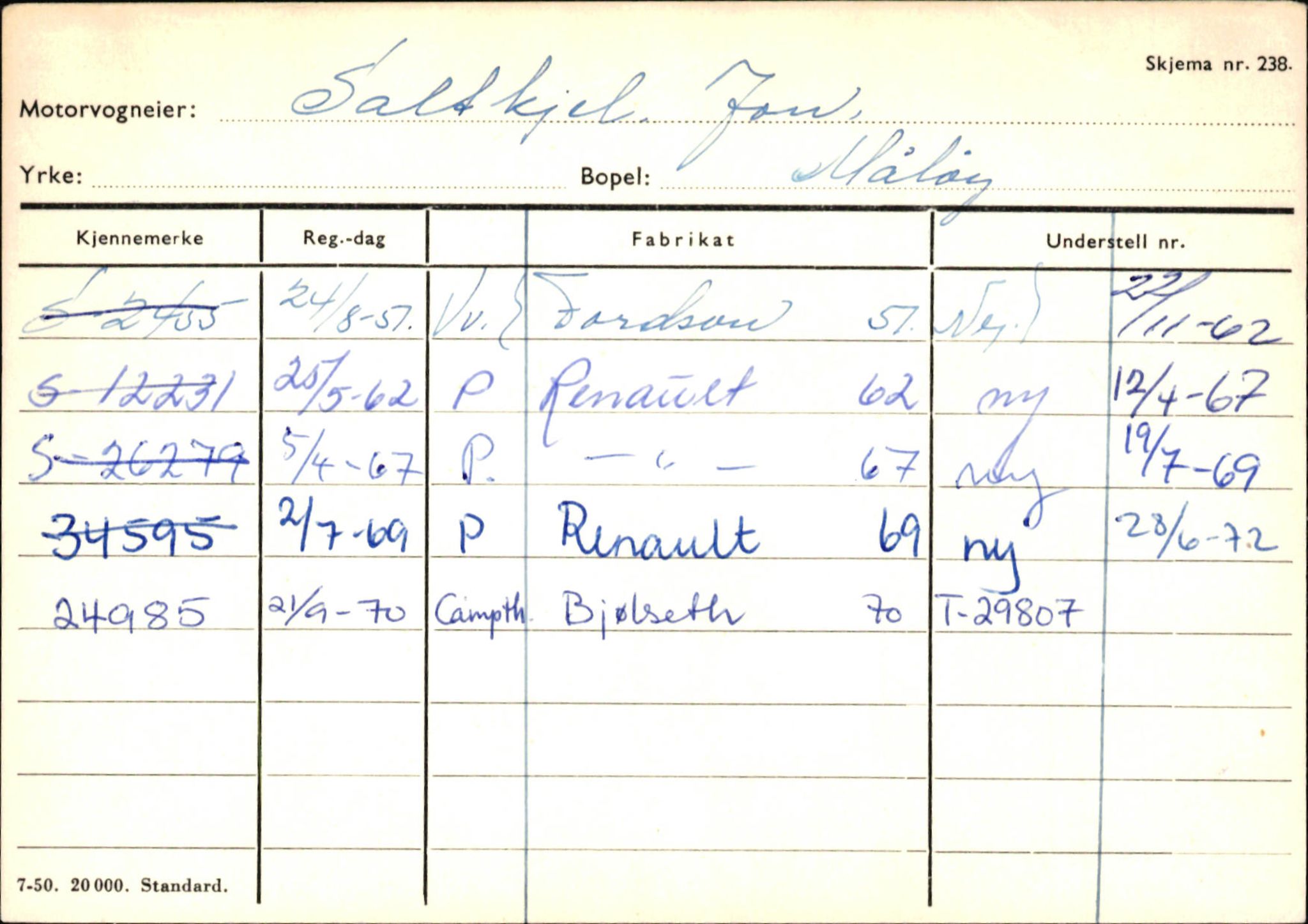 Statens vegvesen, Sogn og Fjordane vegkontor, AV/SAB-A-5301/4/F/L0145: Registerkort Vågsøy S-Å. Årdal I-P, 1945-1975, p. 7