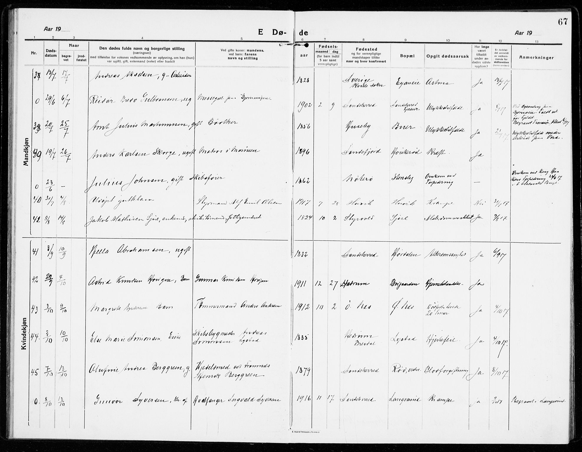 Sandar kirkebøker, SAKO/A-243/F/Fa/L0020: Parish register (official) no. 20, 1915-1919, p. 67