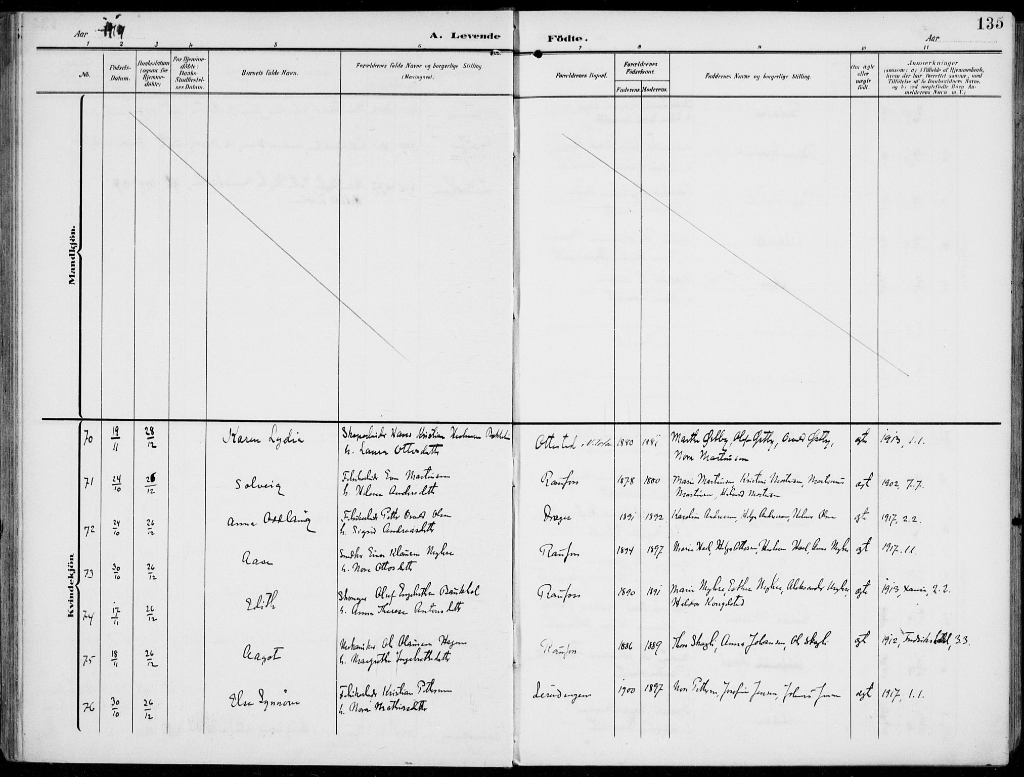 Vestre Toten prestekontor, AV/SAH-PREST-108/H/Ha/Haa/L0014: Parish register (official) no. 14, 1907-1920, p. 135