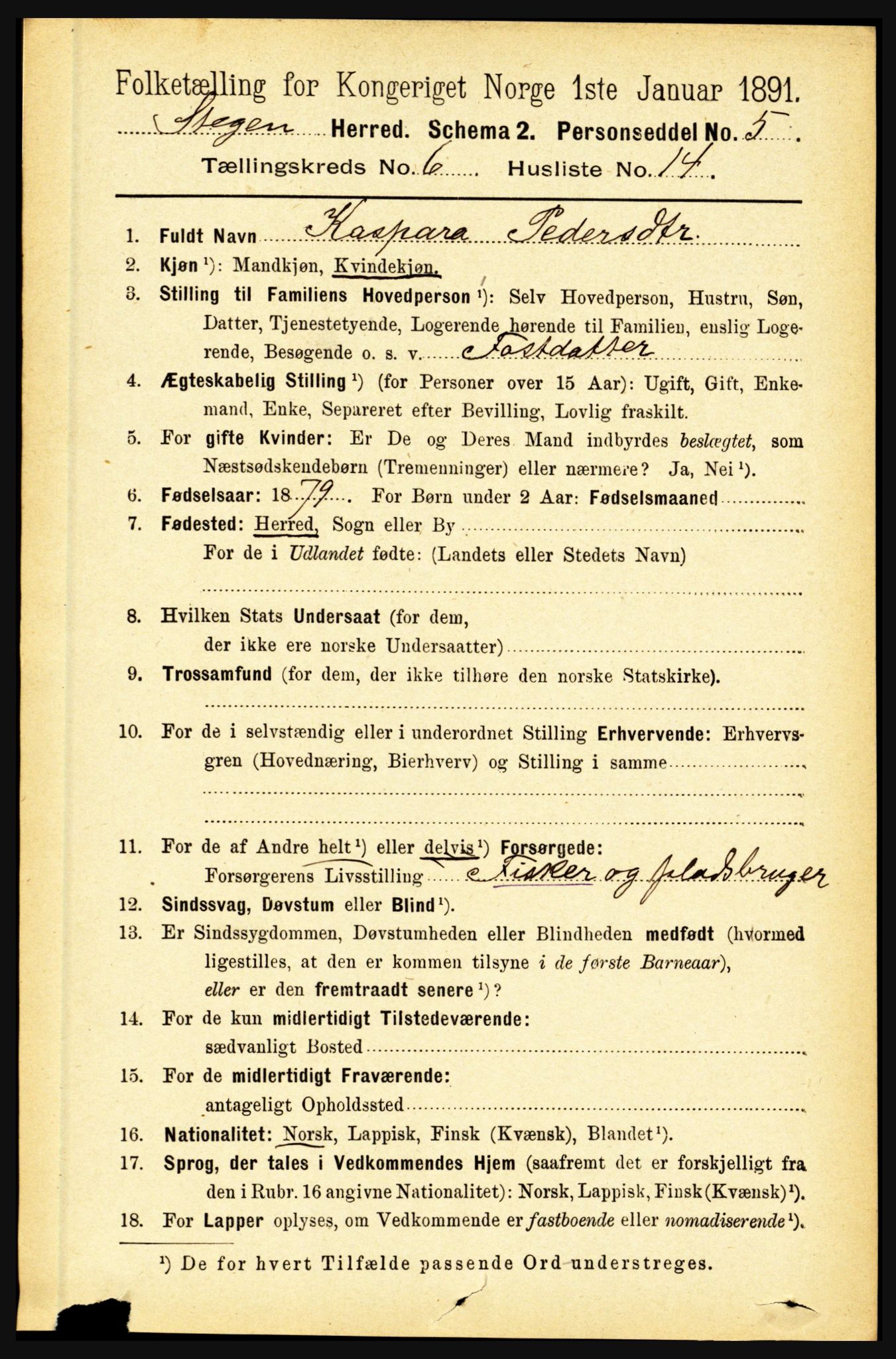 RA, 1891 census for 1848 Steigen, 1891, p. 2102