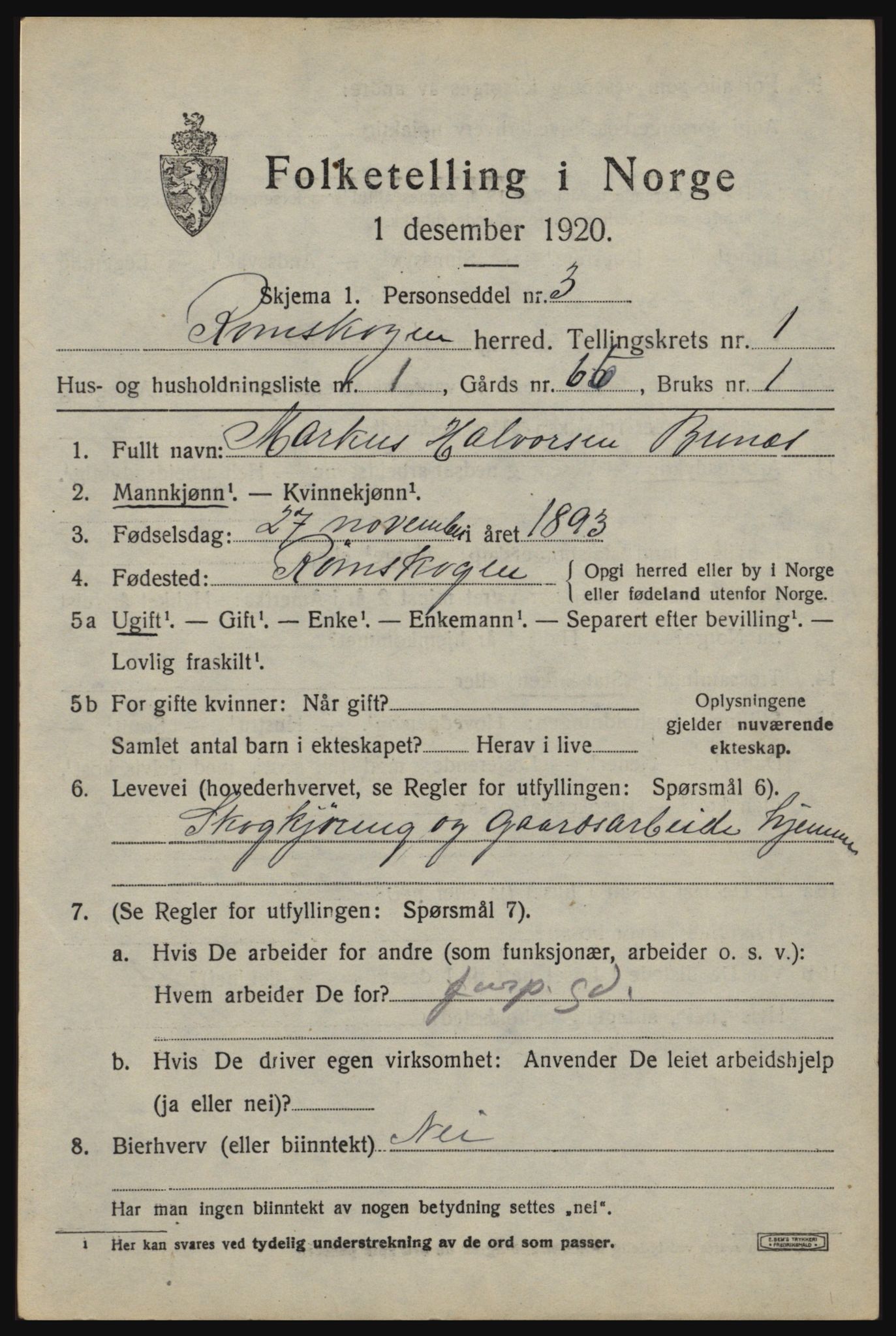 SAO, 1920 census for Rømskog, 1920, p. 226