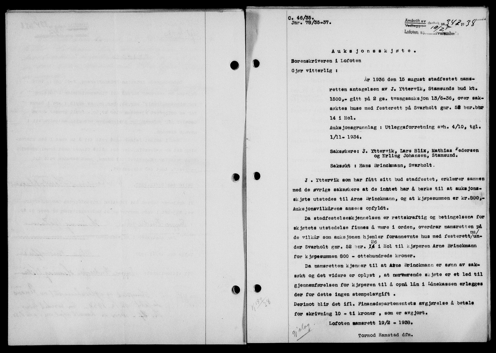 Lofoten sorenskriveri, SAT/A-0017/1/2/2C/L0003a: Mortgage book no. 3a, 1937-1938, Diary no: : 342/1938