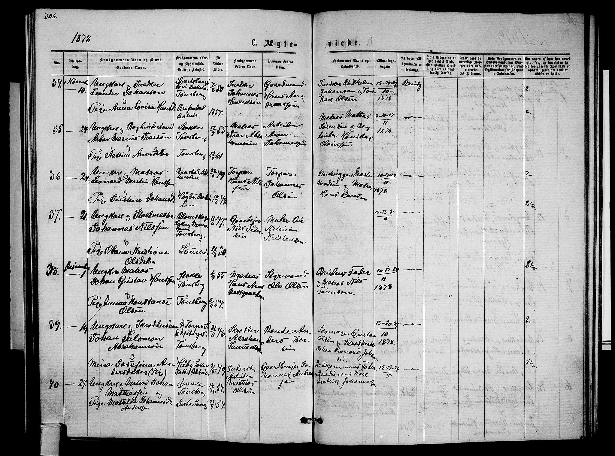 Tønsberg kirkebøker, AV/SAKO-A-330/G/Ga/L0005: Parish register (copy) no. 5, 1875-1885, p. 306