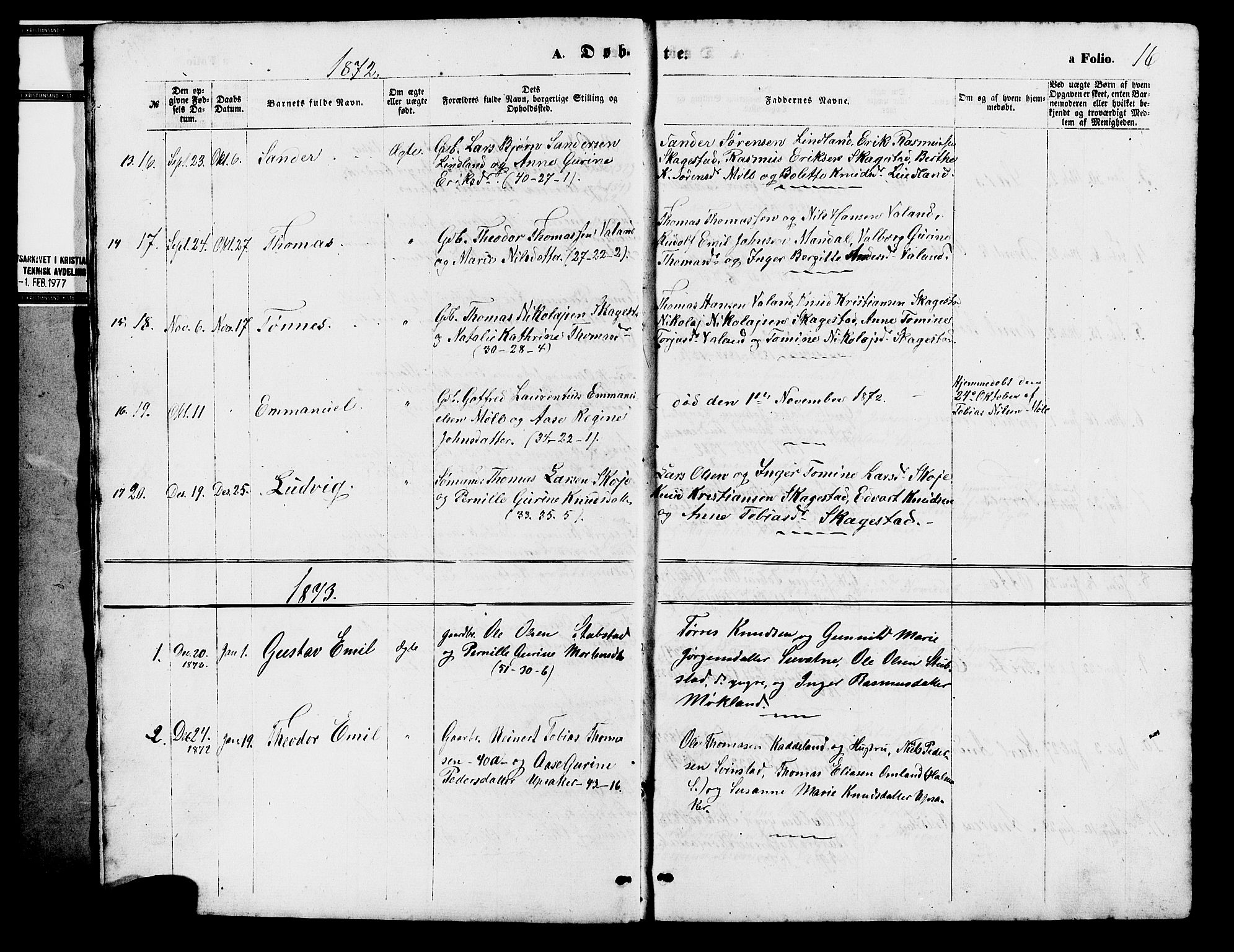 Holum sokneprestkontor, SAK/1111-0022/F/Fb/Fba/L0004: Parish register (copy) no. B 4, 1867-1890, p. 16