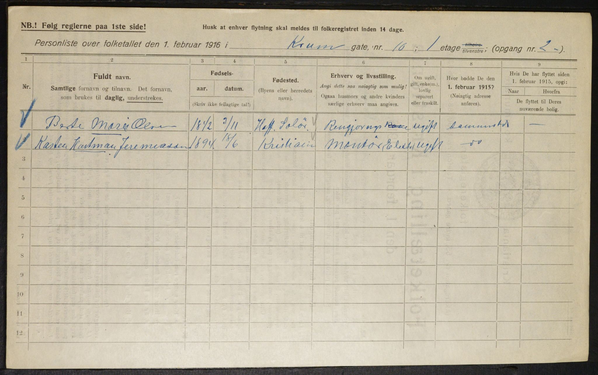 OBA, Municipal Census 1916 for Kristiania, 1916, p. 56101