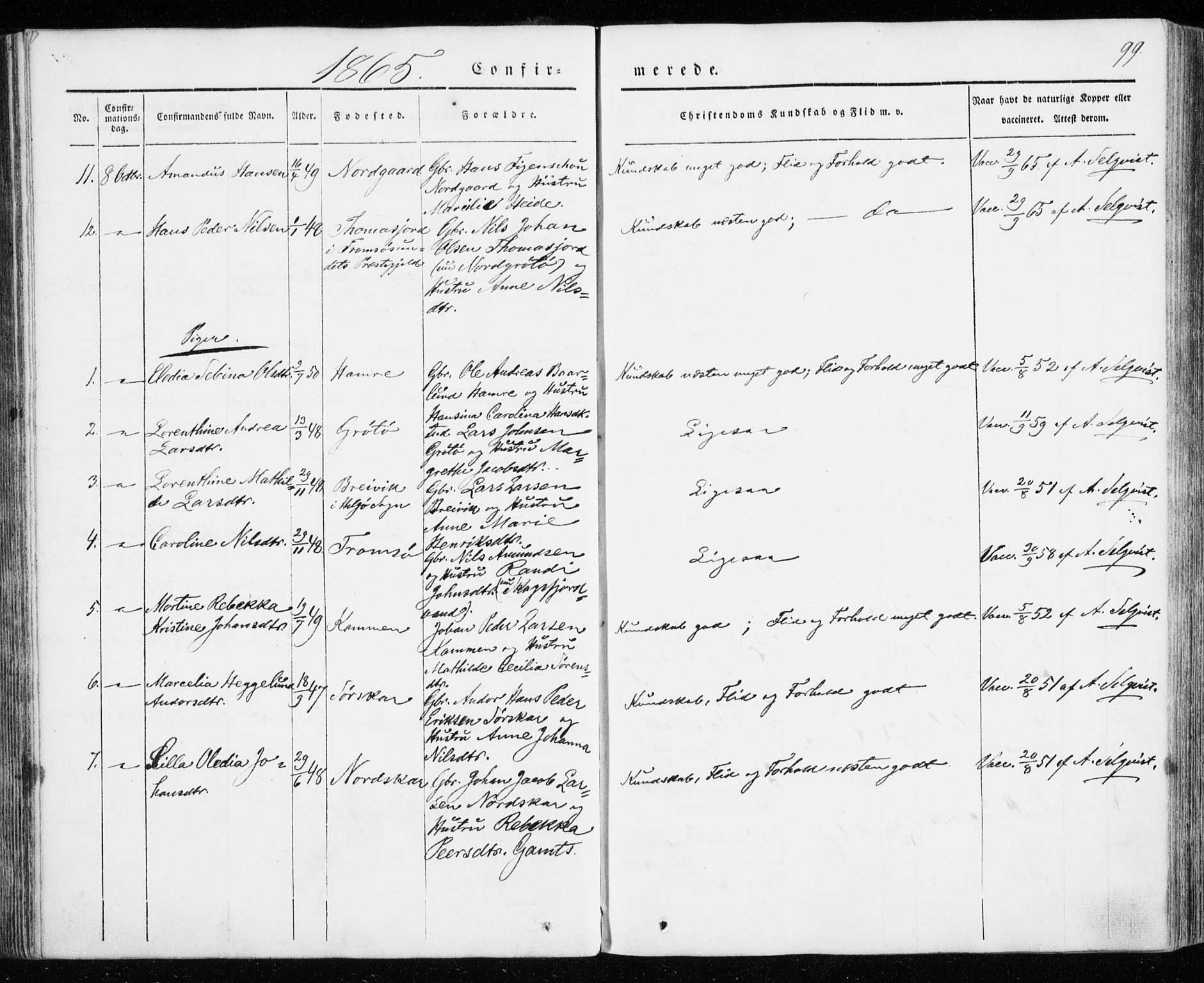 Karlsøy sokneprestembete, SATØ/S-1299/H/Ha/Haa/L0009kirke: Parish register (official) no. 9, 1838-1867, p. 99