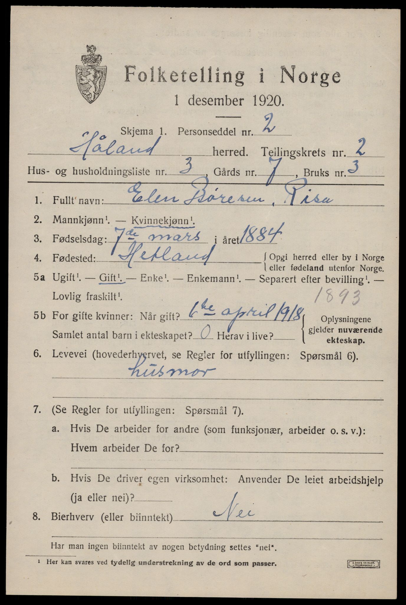 SAST, 1920 census for Håland, 1920, p. 2625