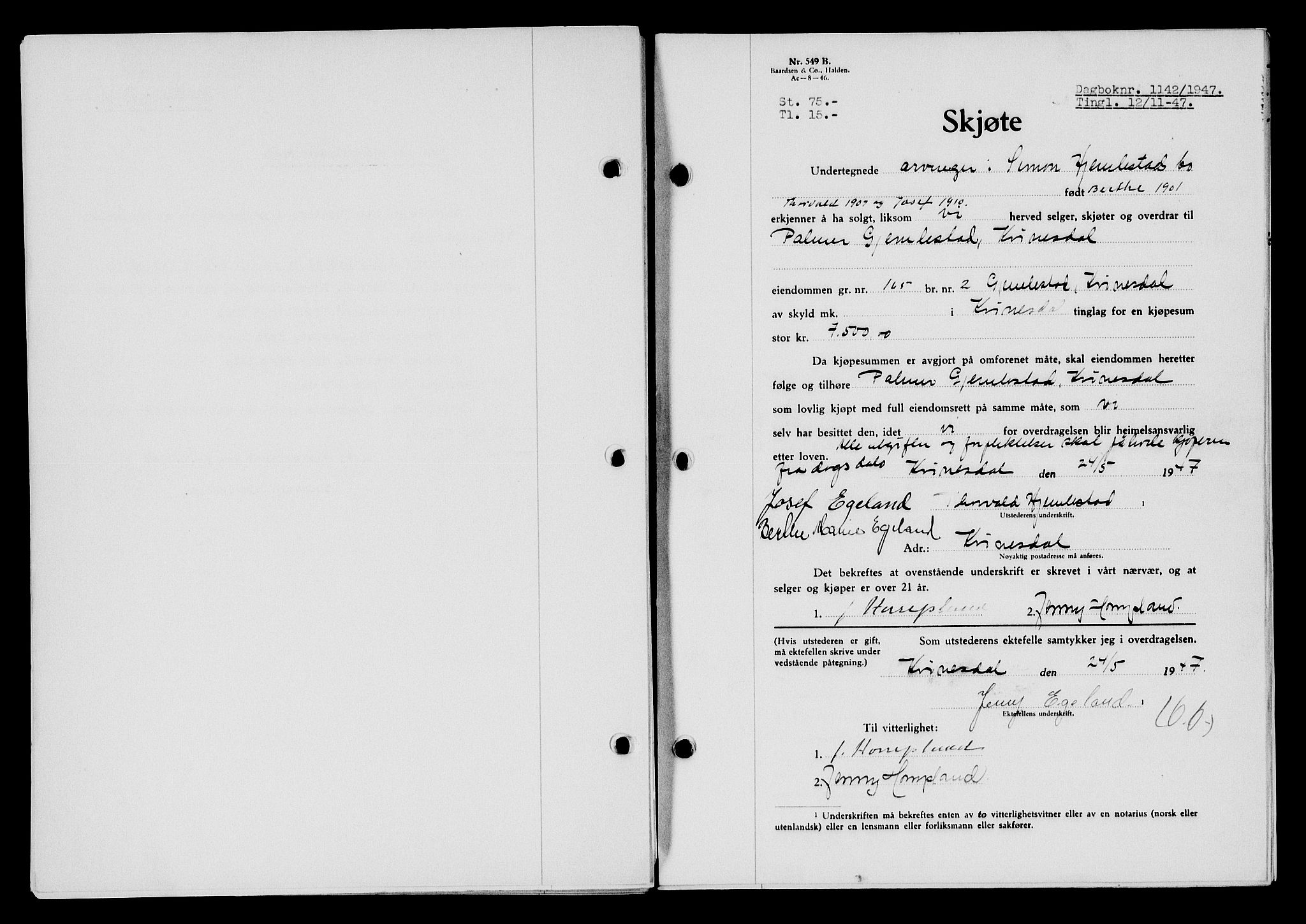 Flekkefjord sorenskriveri, SAK/1221-0001/G/Gb/Gba/L0063: Mortgage book no. A-11, 1947-1948, Diary no: : 1142/1947