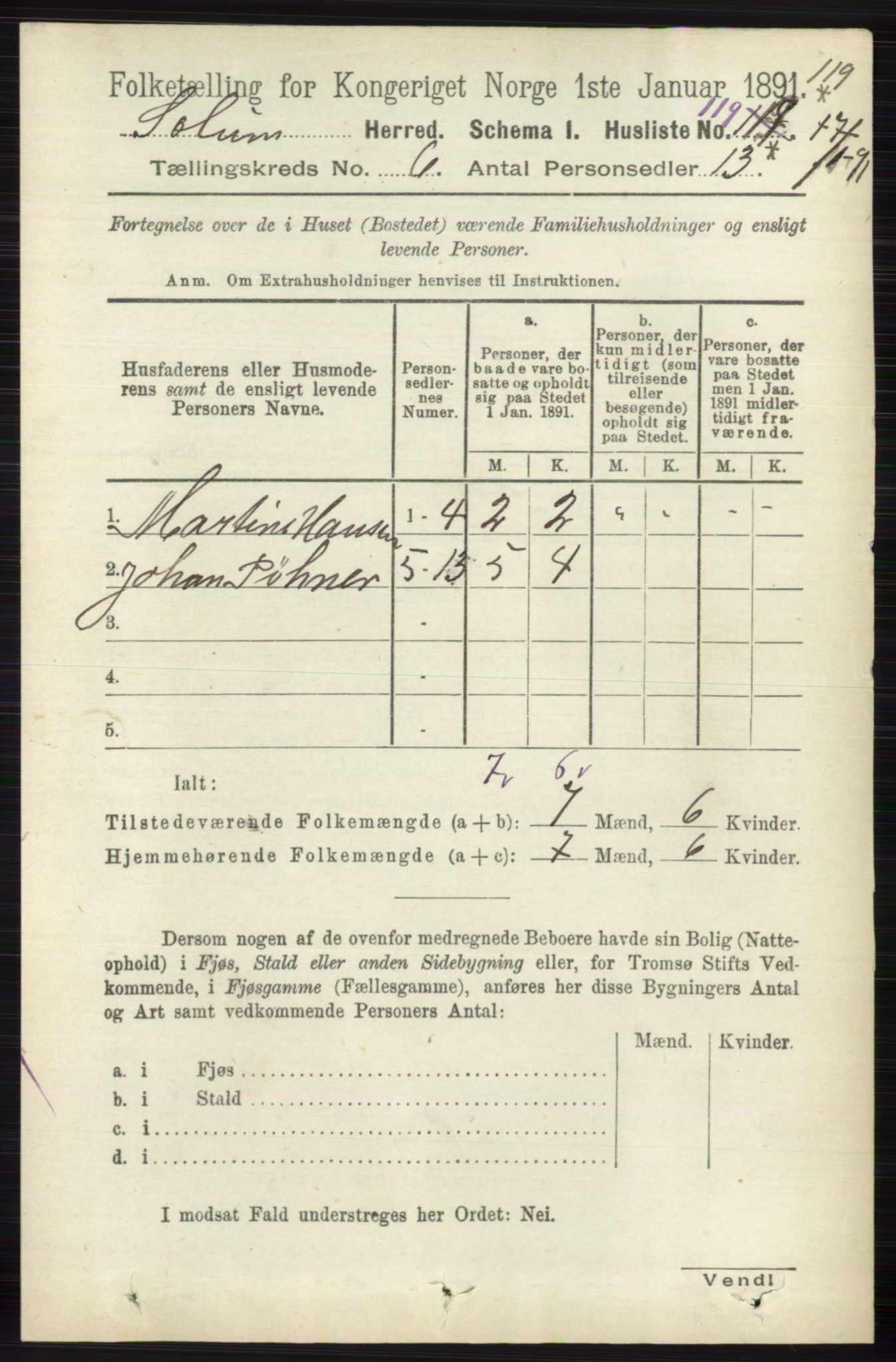 RA, 1891 census for 0818 Solum, 1891, p. 1184