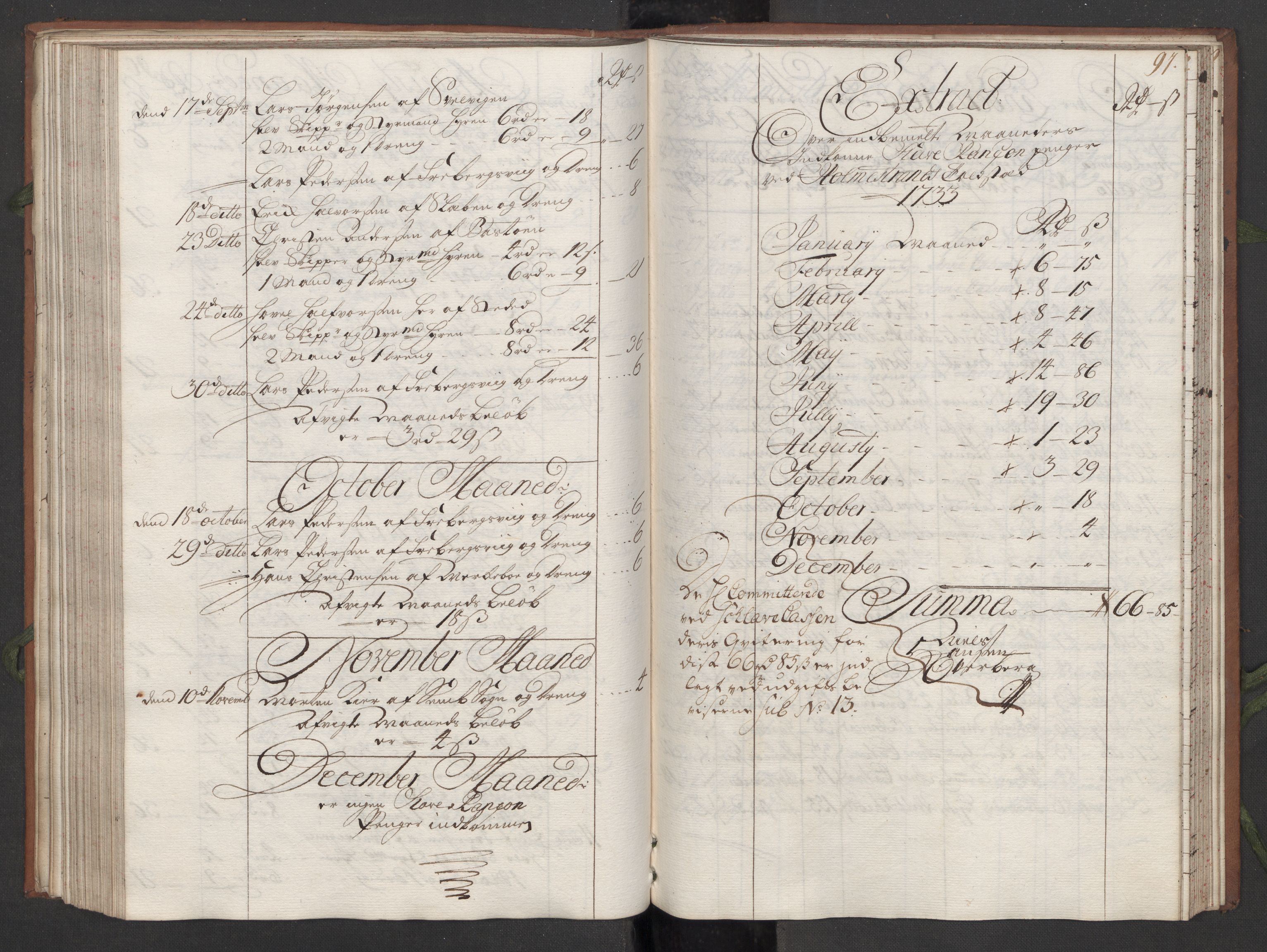 Generaltollkammeret, tollregnskaper, AV/RA-EA-5490/R09/L0008/0001: Tollregnskaper Holmestrand / Hovedtollbok, 1733, p. 90b-91a