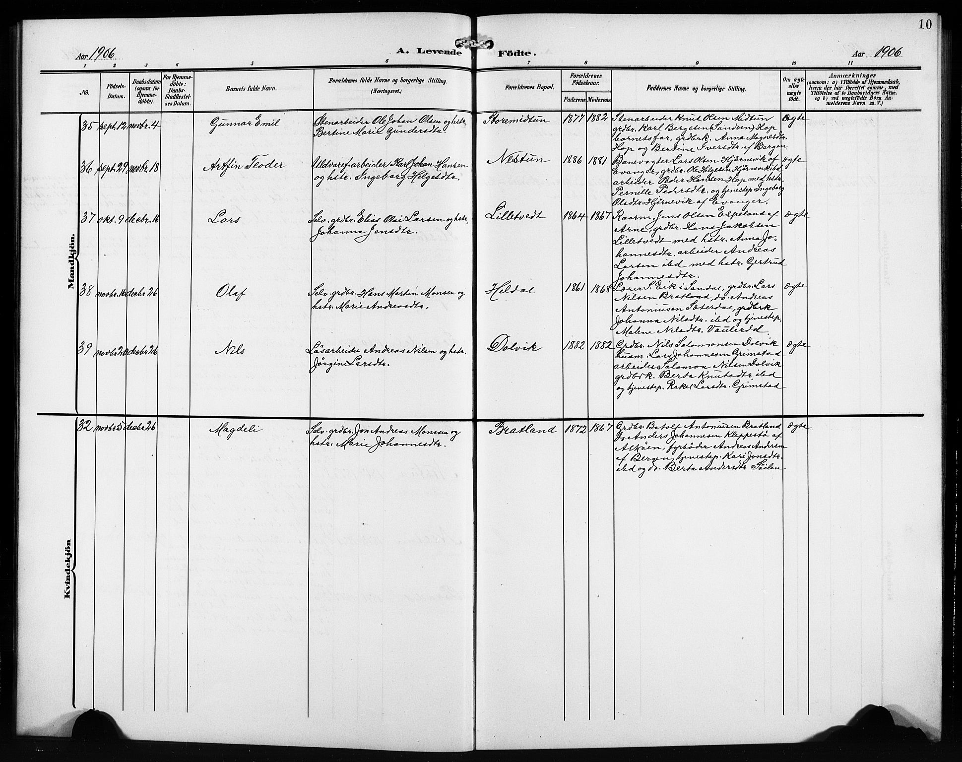 Birkeland Sokneprestembete, AV/SAB-A-74601/H/Hab: Parish register (copy) no. A 6, 1906-1915, p. 10