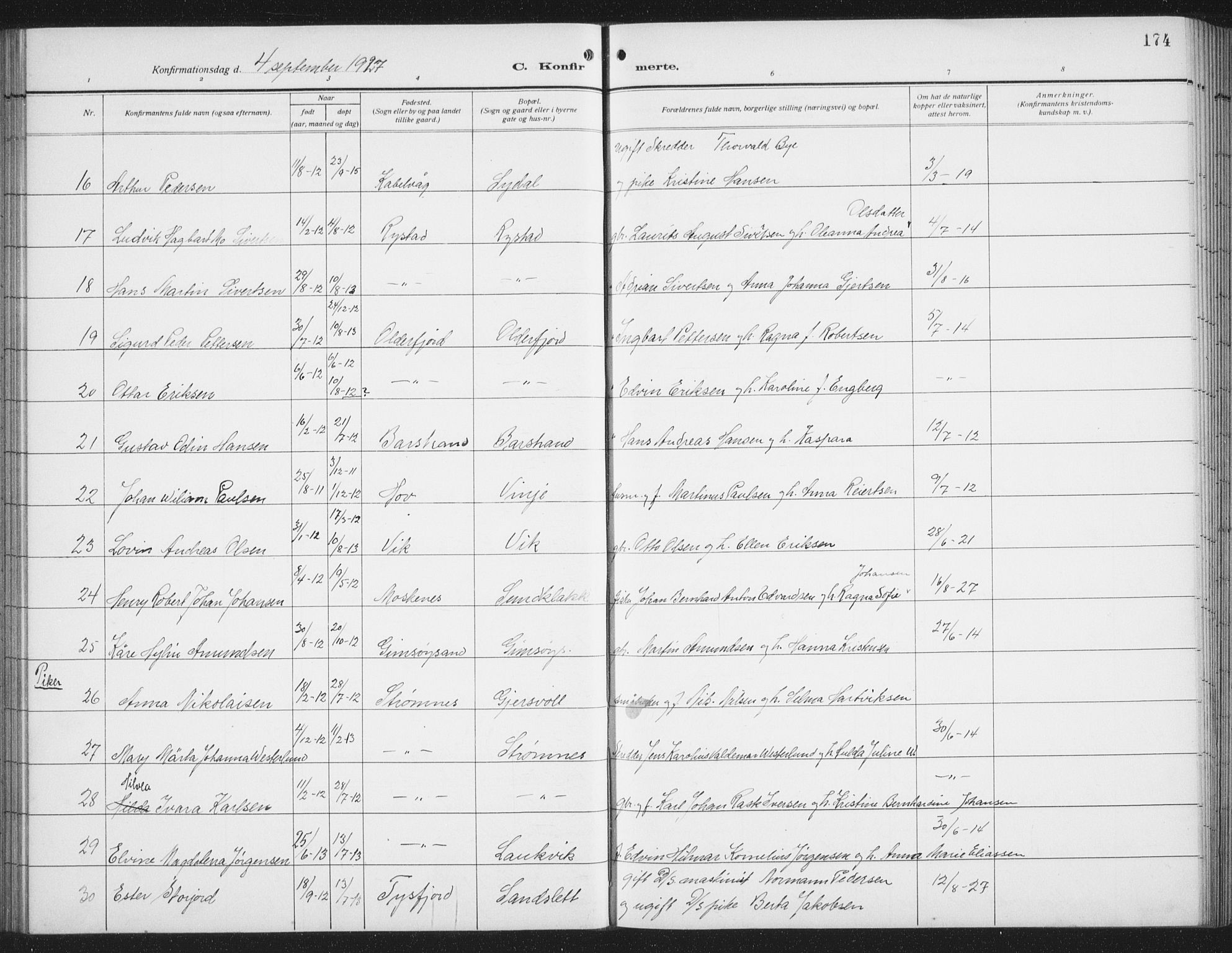Ministerialprotokoller, klokkerbøker og fødselsregistre - Nordland, SAT/A-1459/876/L1106: Parish register (copy) no. 876C05, 1915-1942, p. 174