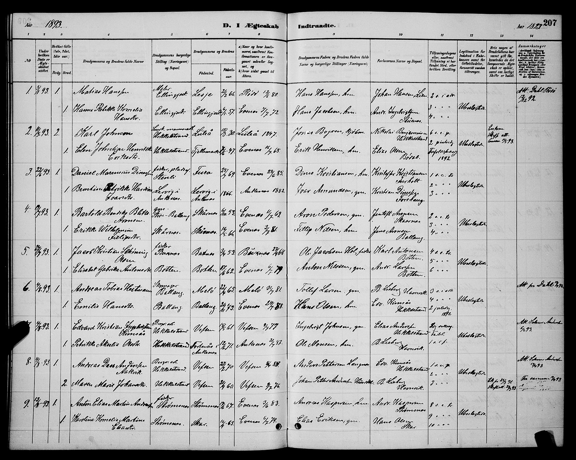 Ministerialprotokoller, klokkerbøker og fødselsregistre - Nordland, SAT/A-1459/863/L0914: Parish register (copy) no. 863C04, 1886-1897, p. 207