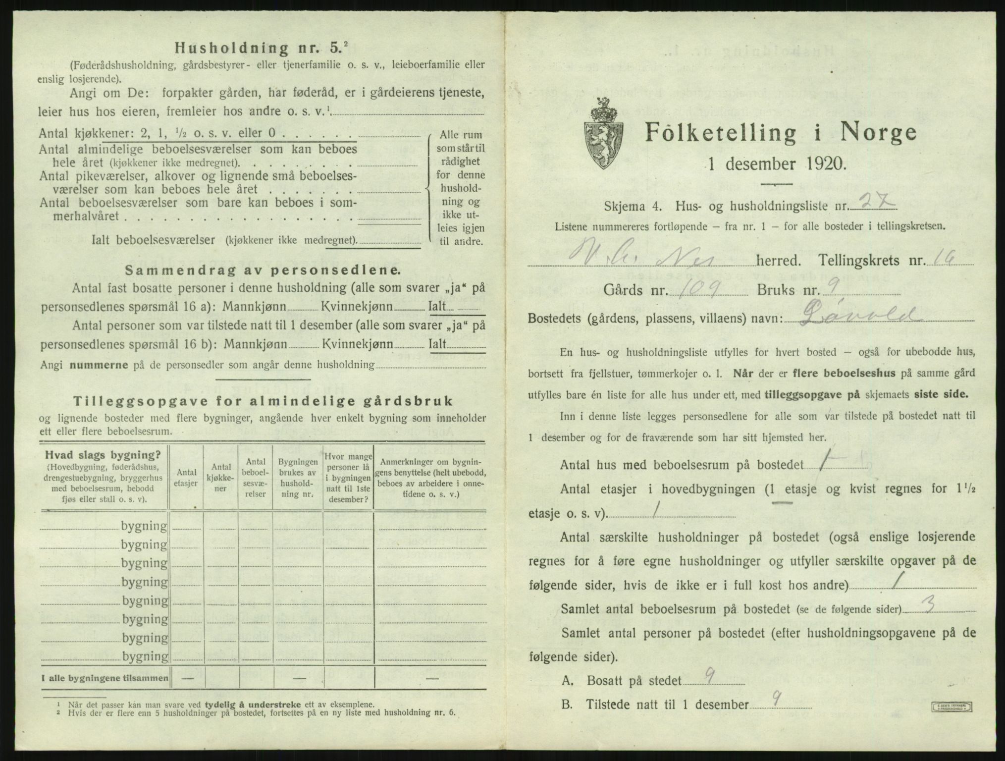 SAK, 1920 census for Nes (V-A), 1920, p. 1022