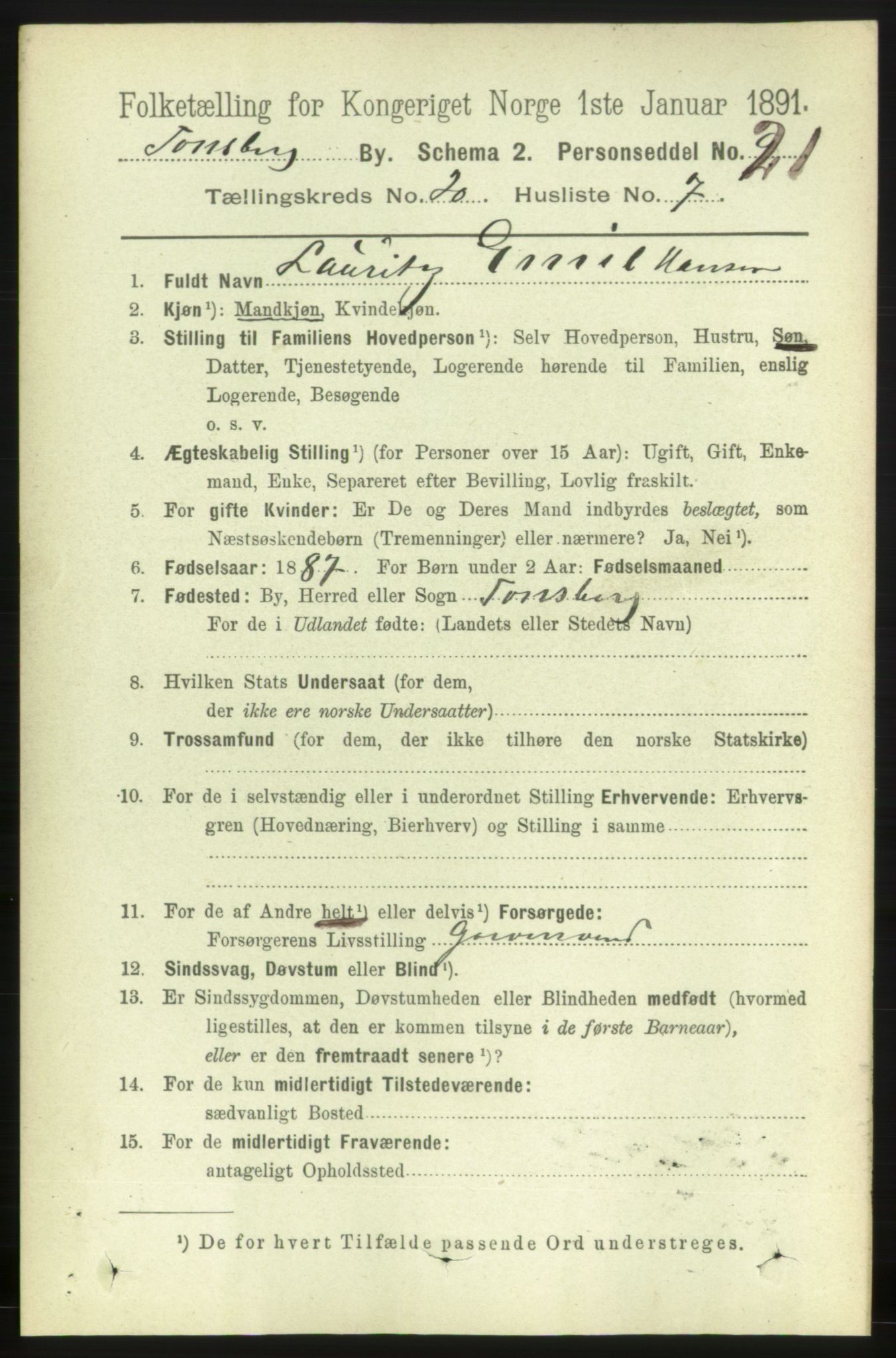 RA, 1891 census for 0705 Tønsberg, 1891, p. 5495