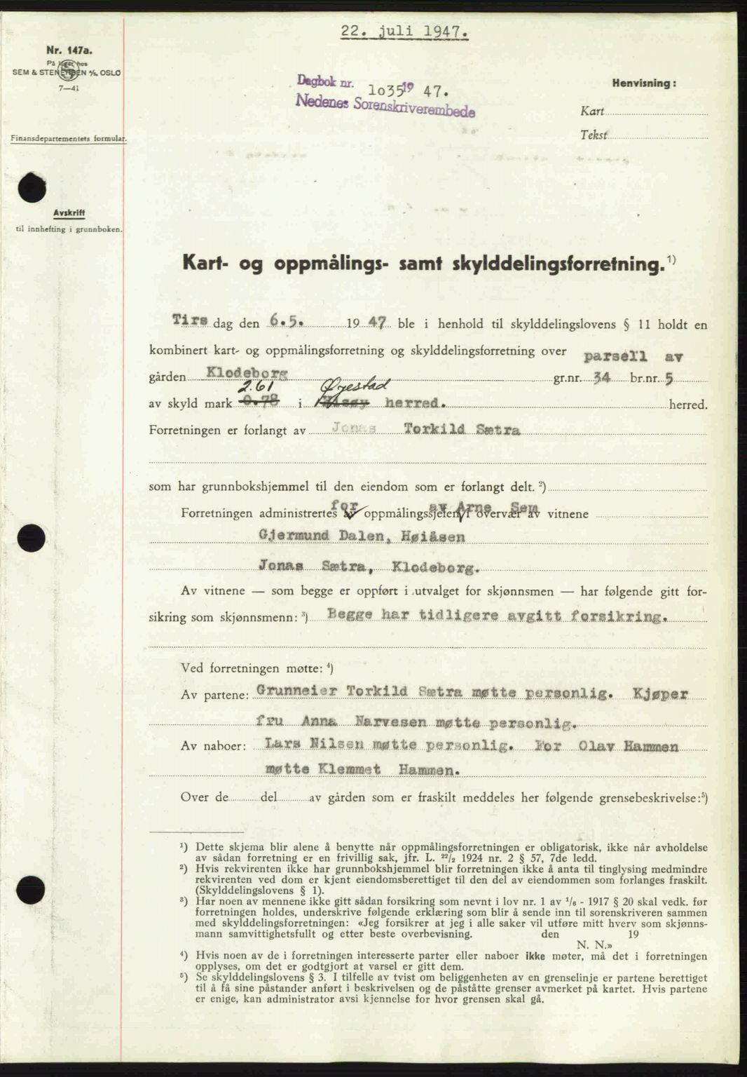 Nedenes sorenskriveri, AV/SAK-1221-0006/G/Gb/Gba/L0057: Mortgage book no. A9, 1947-1947, Diary no: : 1035/1947