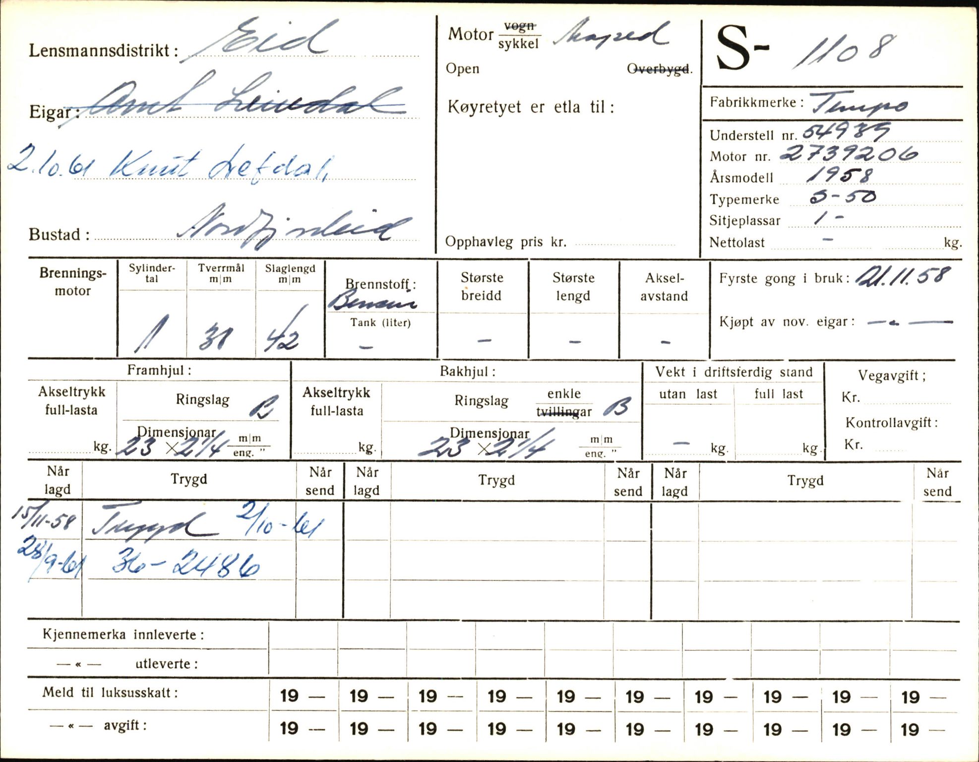 Statens vegvesen, Sogn og Fjordane vegkontor, AV/SAB-A-5301/4/F/L0003: Registerkort utmeldte Fjordane S1000-2499, 1930-1961, p. 162