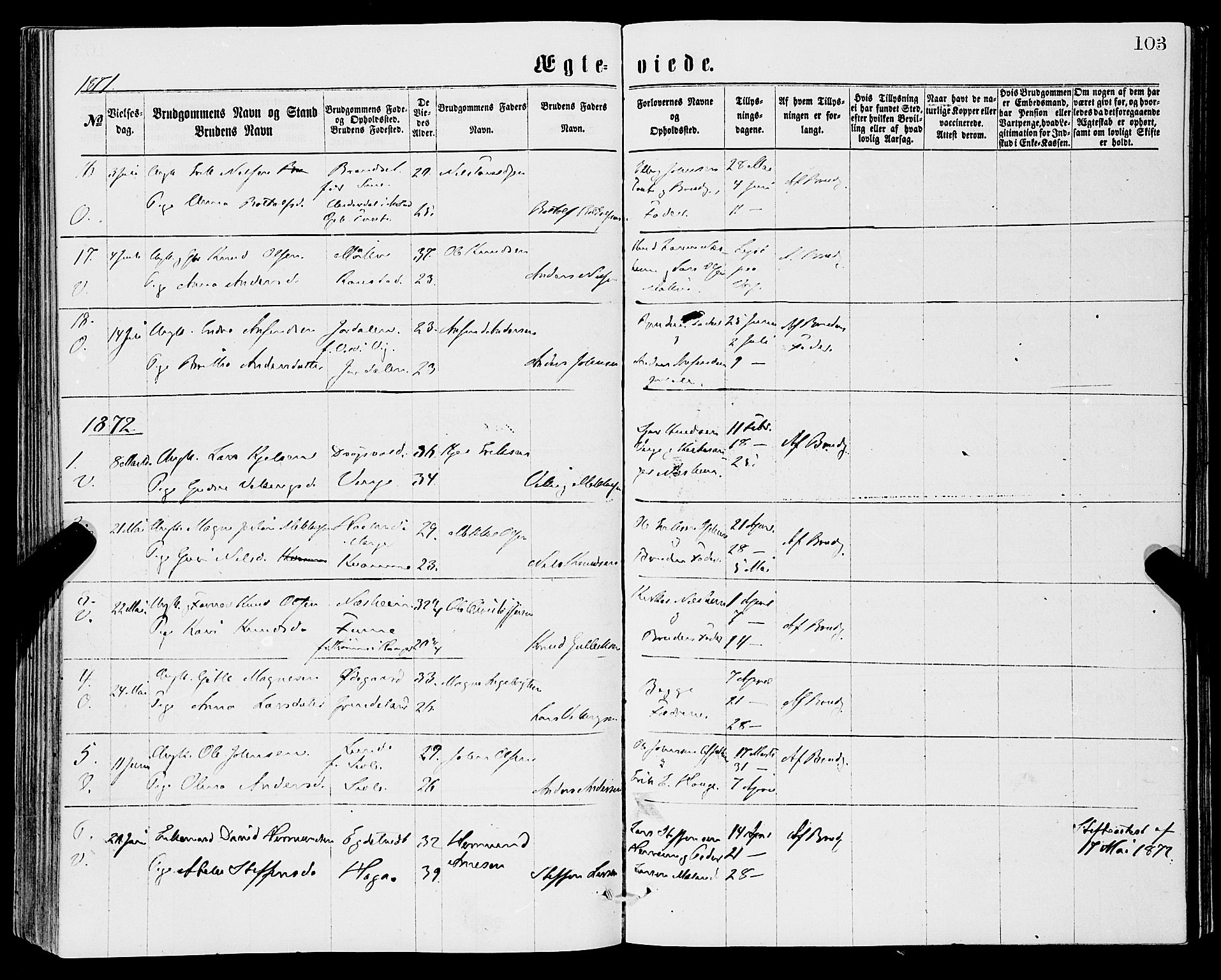 Vossestrand Sokneprestembete, SAB/A-79101/H/Haa: Parish register (official) no. A 1, 1866-1877, p. 103