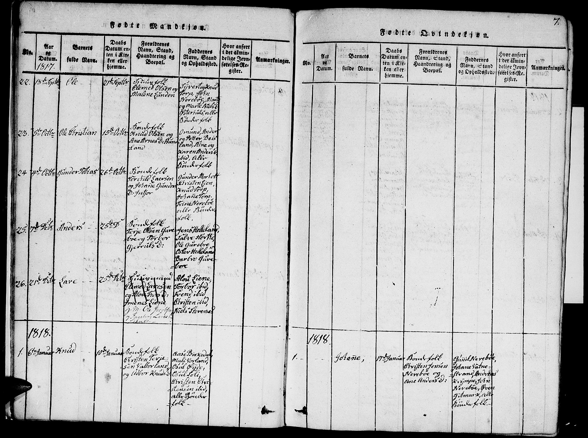 Hommedal sokneprestkontor, AV/SAK-1111-0023/F/Fa/Fab/L0003: Parish register (official) no. A 3, 1815-1848, p. 7