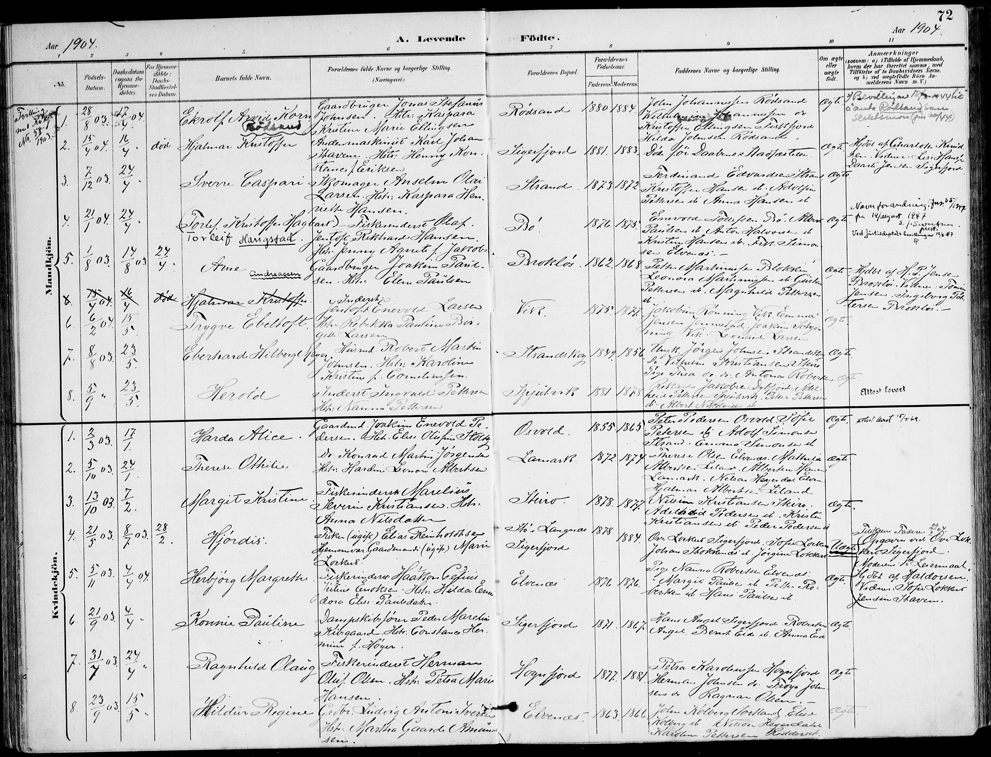 Ministerialprotokoller, klokkerbøker og fødselsregistre - Nordland, AV/SAT-A-1459/895/L1372: Parish register (official) no. 895A07, 1894-1914, p. 72