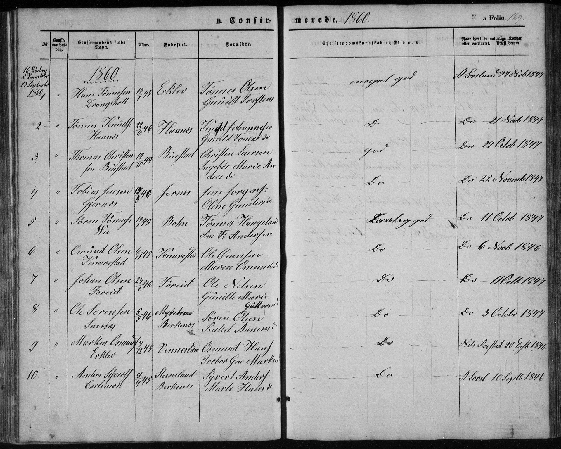 Tveit sokneprestkontor, AV/SAK-1111-0043/F/Fb/L0003: Parish register (copy) no. B 3, 1854-1886, p. 169