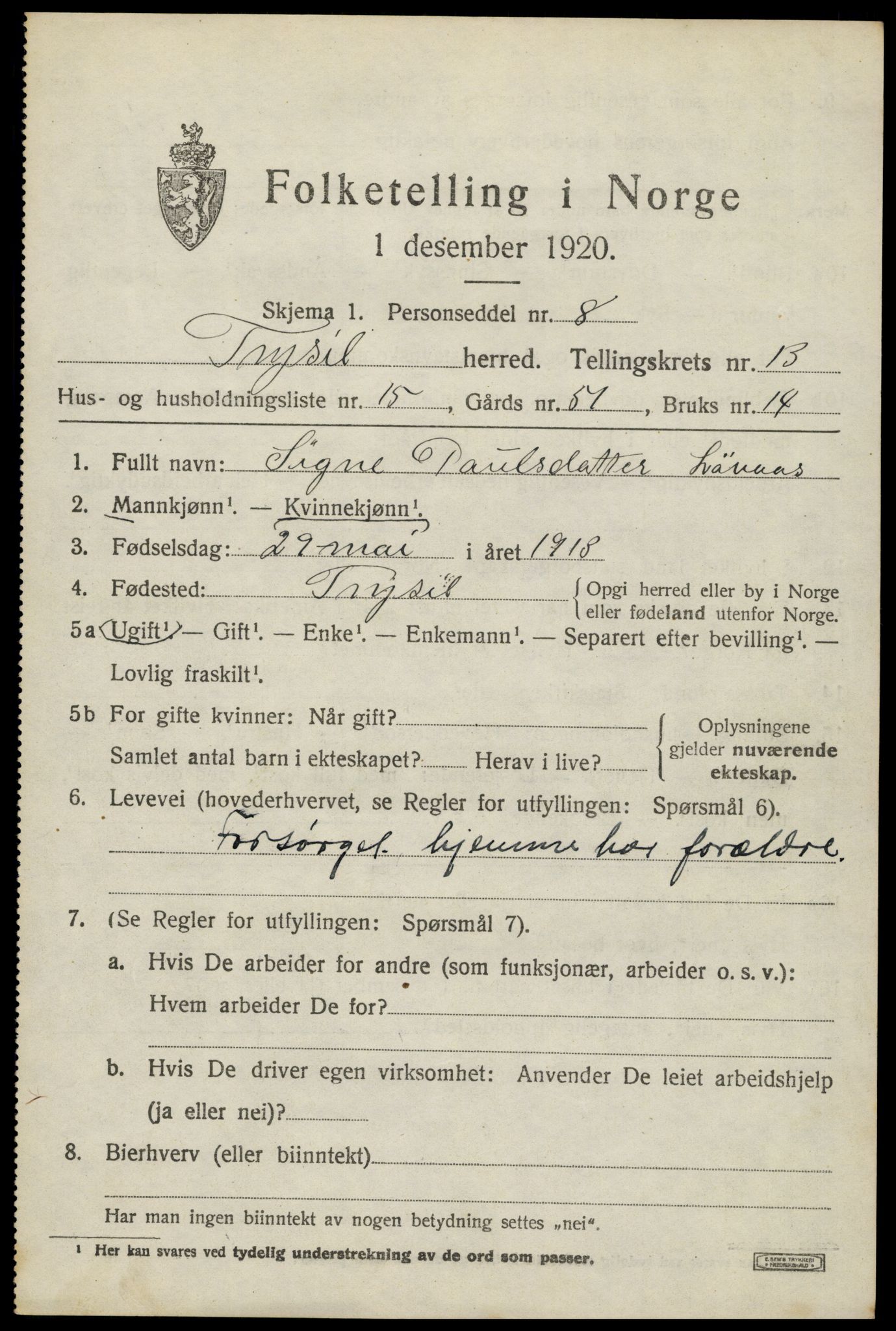 SAH, 1920 census for Trysil, 1920, p. 7837