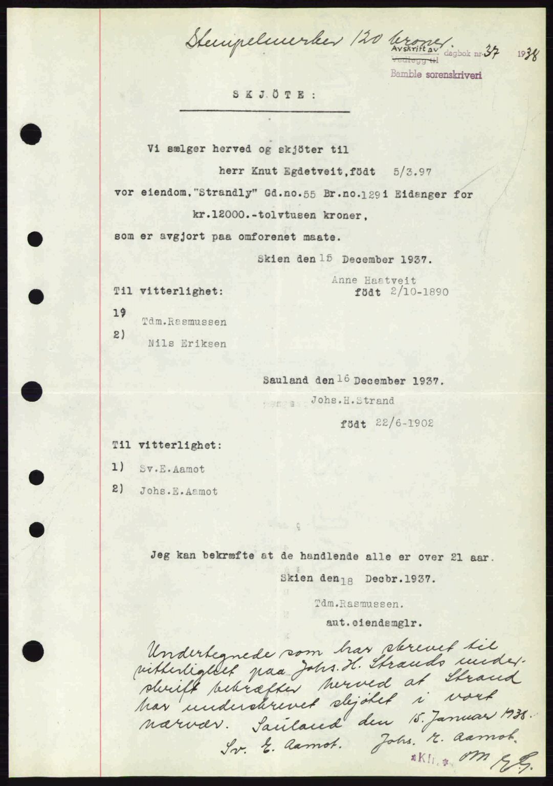 Bamble sorenskriveri, AV/SAKO-A-214/G/Ga/Gag/L0002: Mortgage book no. A-2, 1937-1938, Diary no: : 37/1938