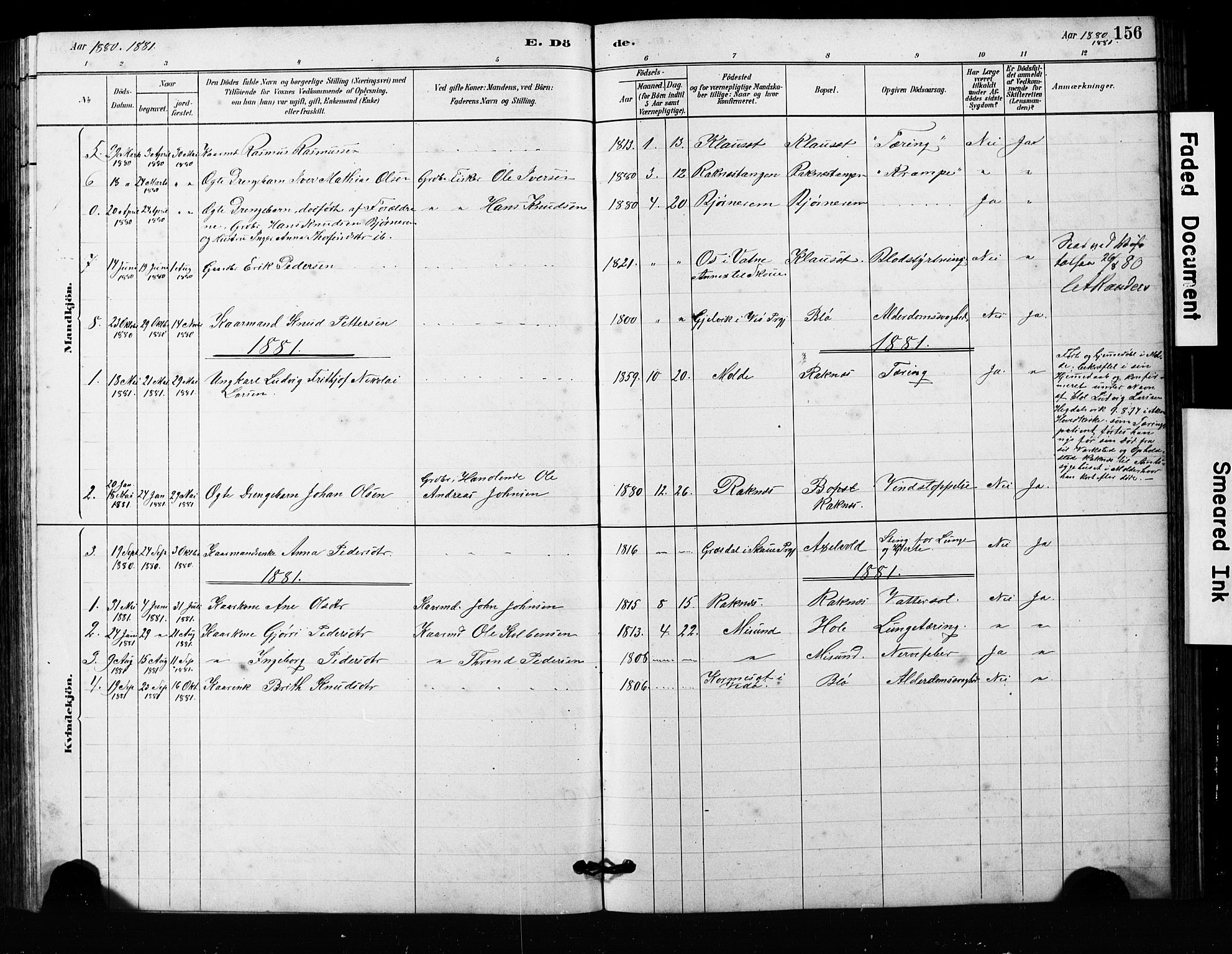 Ministerialprotokoller, klokkerbøker og fødselsregistre - Møre og Romsdal, SAT/A-1454/563/L0737: Parish register (copy) no. 563C01, 1878-1916, p. 156