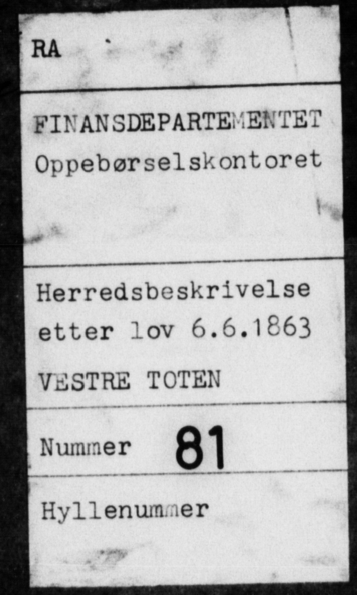 Matrikkelrevisjonen av 1863, AV/RA-S-1530/F/Fe/L0081: Vestre Toten (Eina og Kolbu), 1863