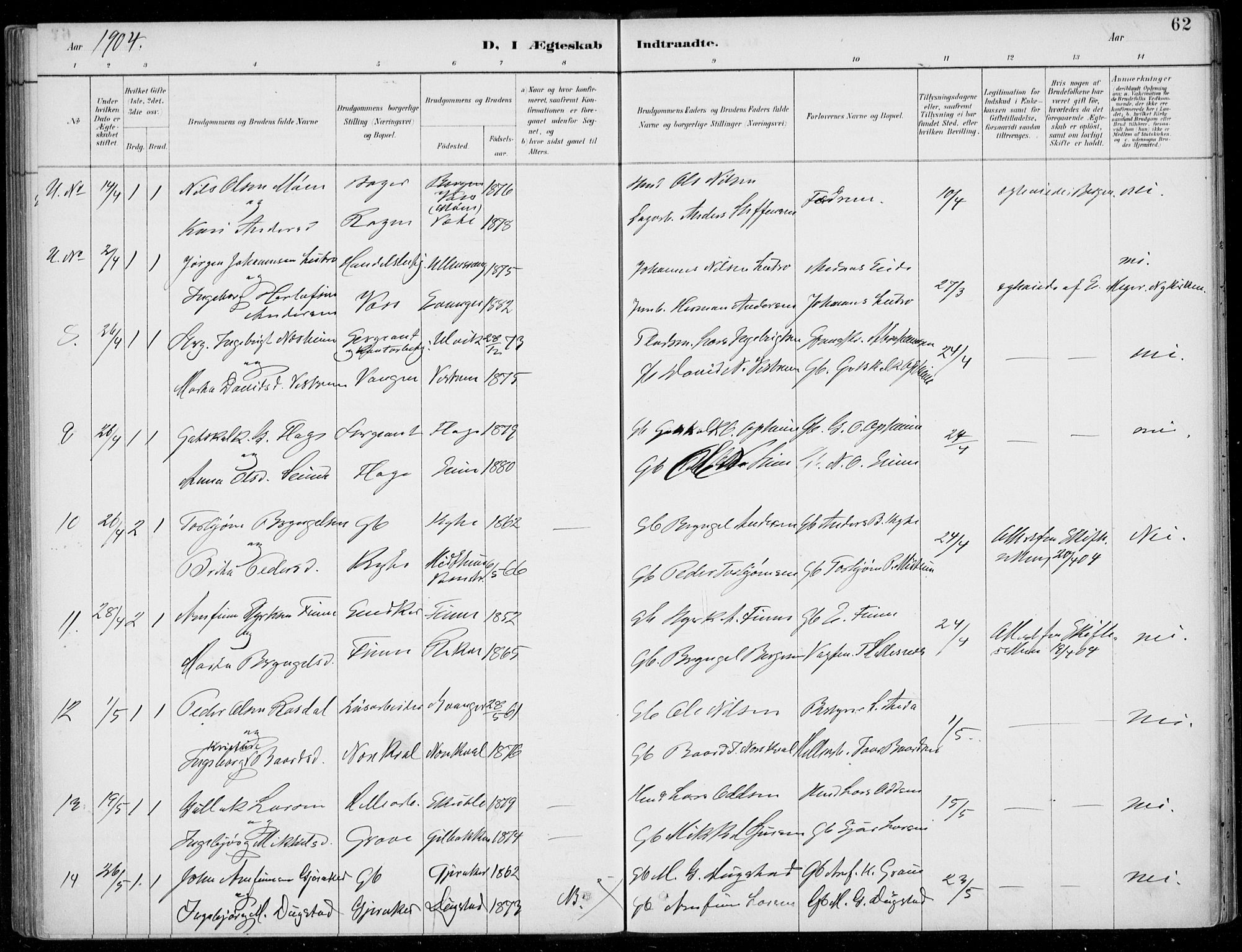 Voss sokneprestembete, SAB/A-79001/H/Haa: Parish register (official) no. C  1, 1887-1915, p. 62