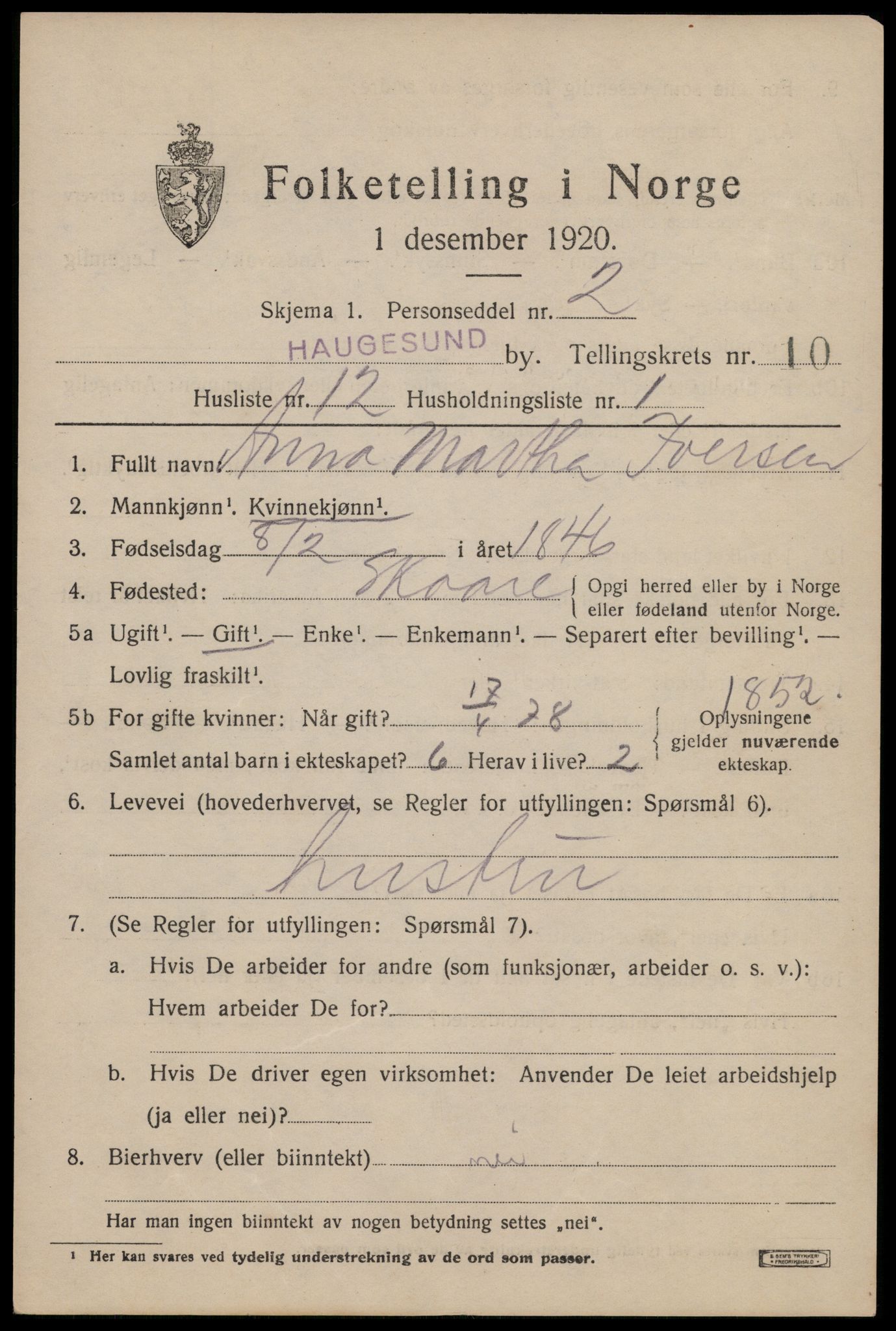 SAST, 1920 census for Haugesund, 1920, p. 33885