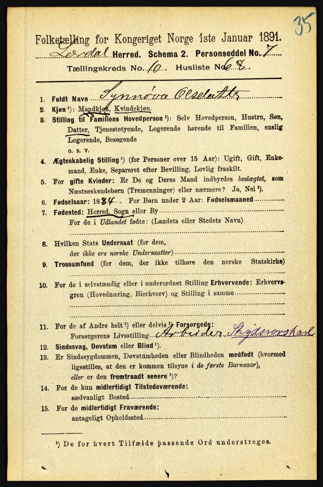 RA, 1891 census for 1422 Lærdal, 1891, p. 2092