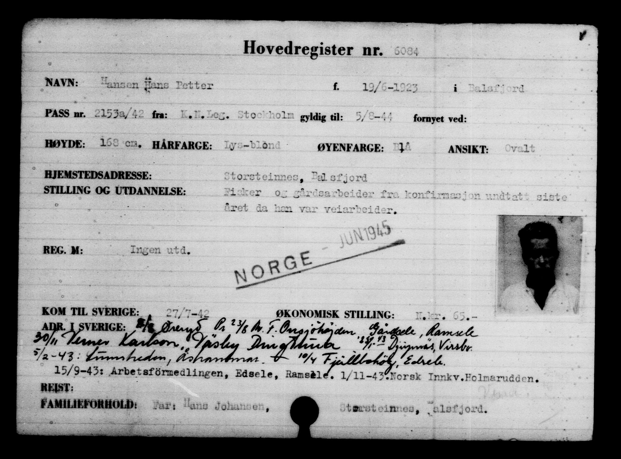 Utenriksstasjonene, Legasjonen i Stockholm, Flyktningkontoret, AV/RA-S-6753/V/Va/L0004: Kjesäterkartoteket, flyktninger med registreringsnr. 3496-6610, 1940-1945, p. 3033