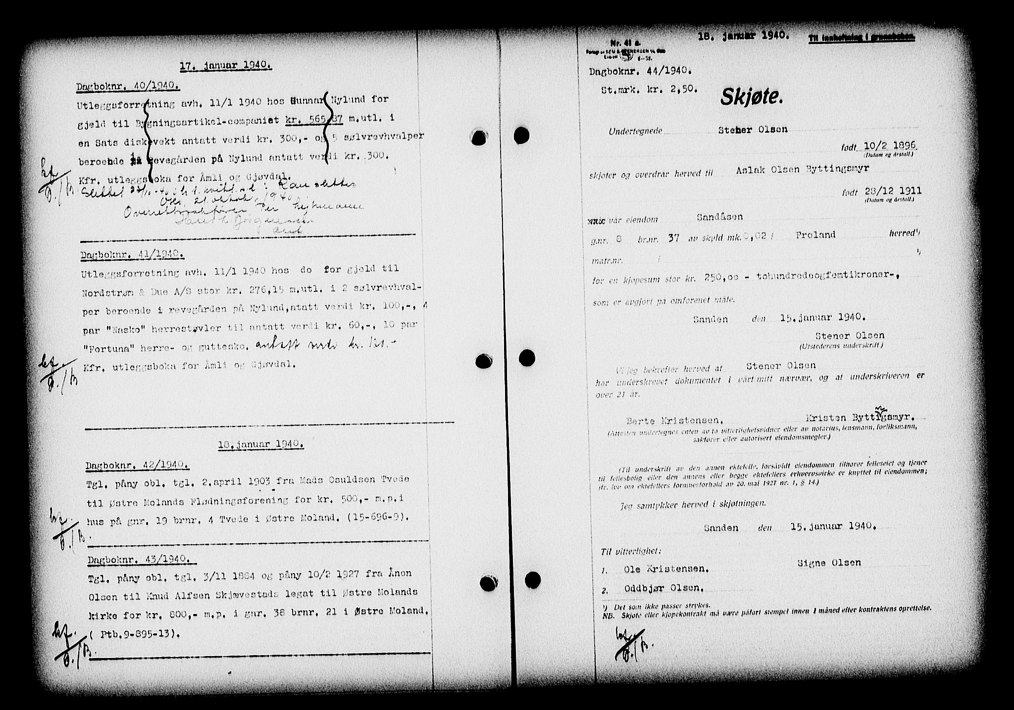 Nedenes sorenskriveri, AV/SAK-1221-0006/G/Gb/Gba/L0047: Mortgage book no. A-I, 1939-1940, Diary no: : 44/1940