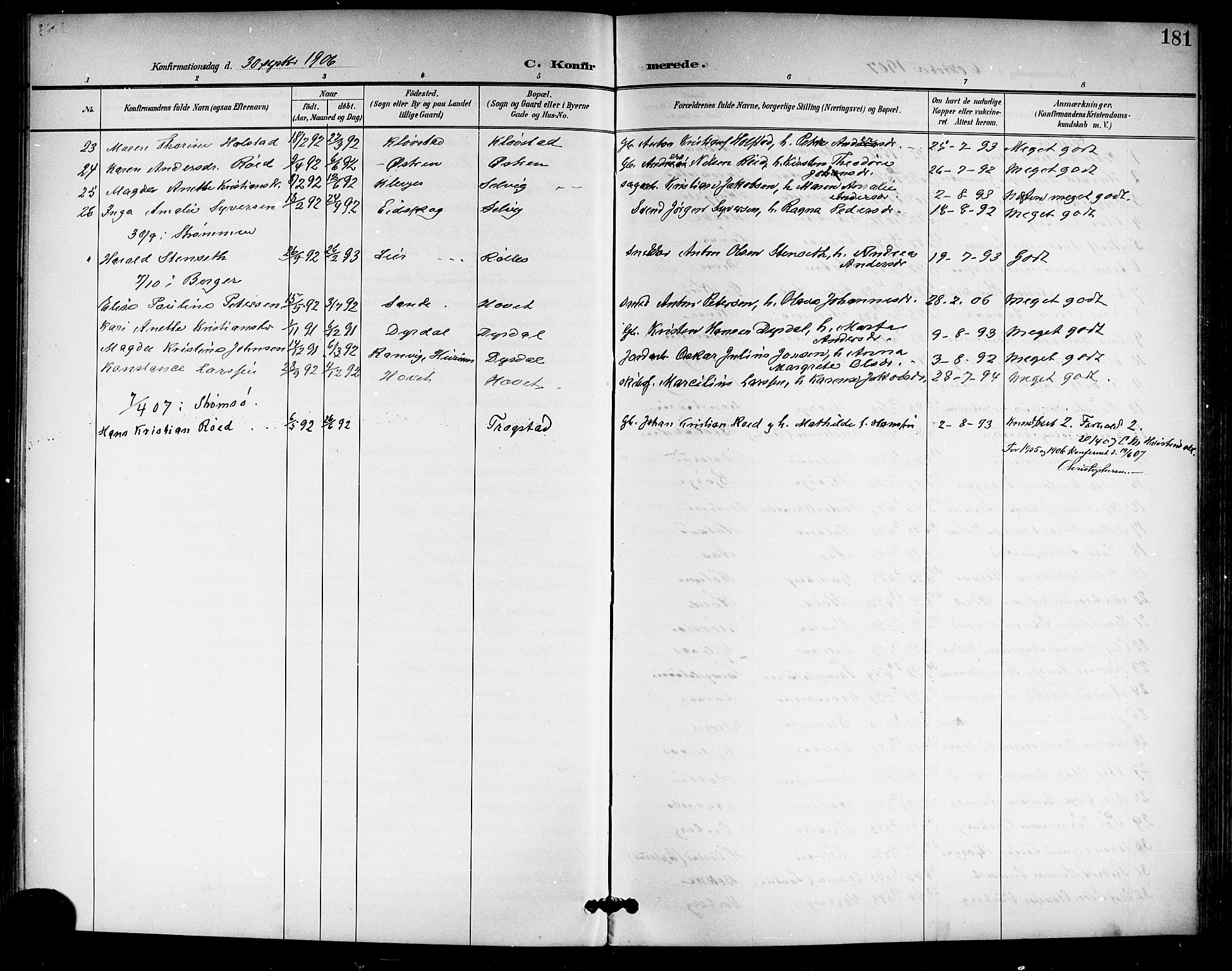 Sande Kirkebøker, SAKO/A-53/G/Ga/L0004: Parish register (copy) no. 4, 1895-1918, p. 181