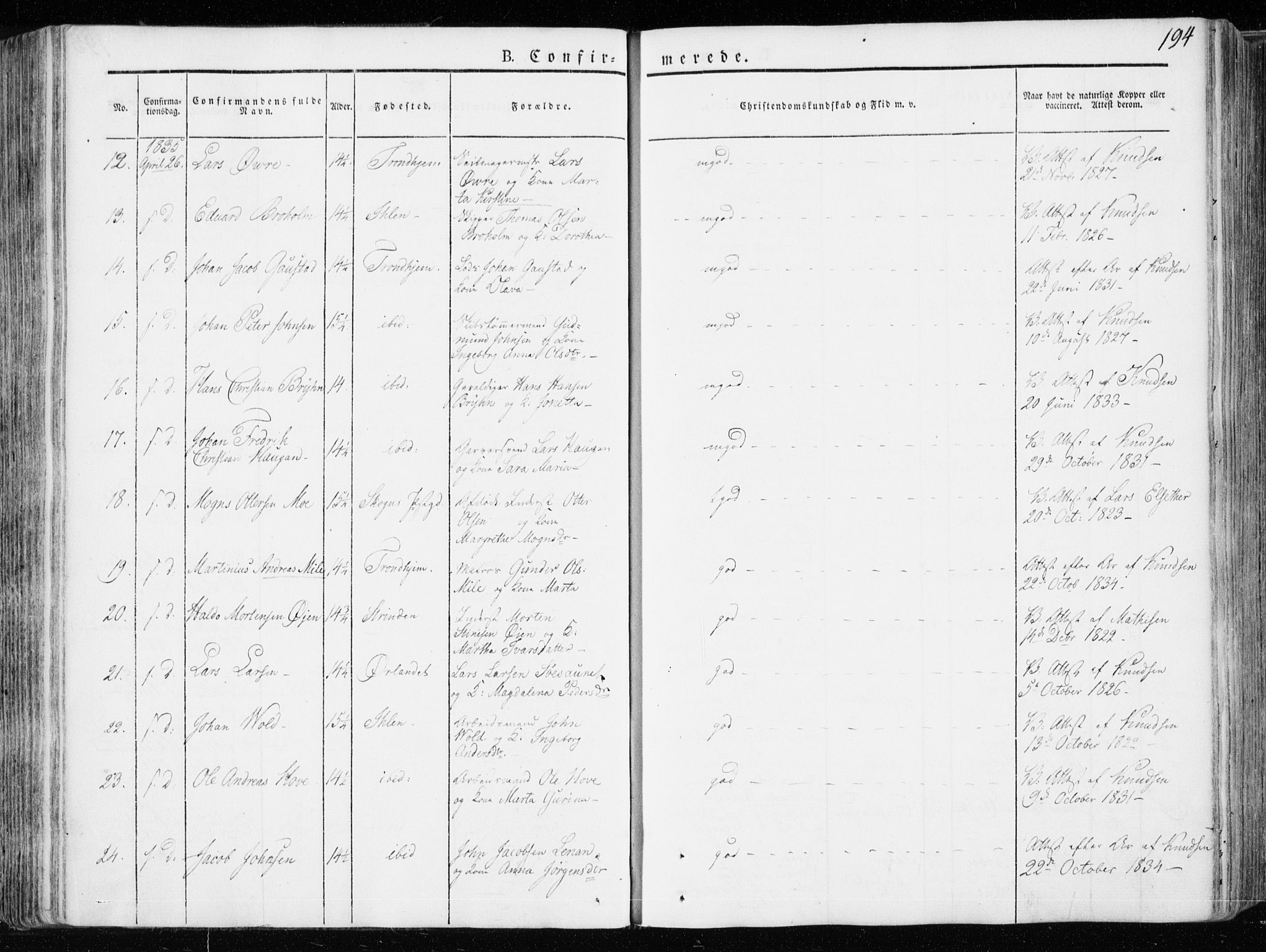 Ministerialprotokoller, klokkerbøker og fødselsregistre - Sør-Trøndelag, AV/SAT-A-1456/601/L0047: Parish register (official) no. 601A15, 1831-1839, p. 194