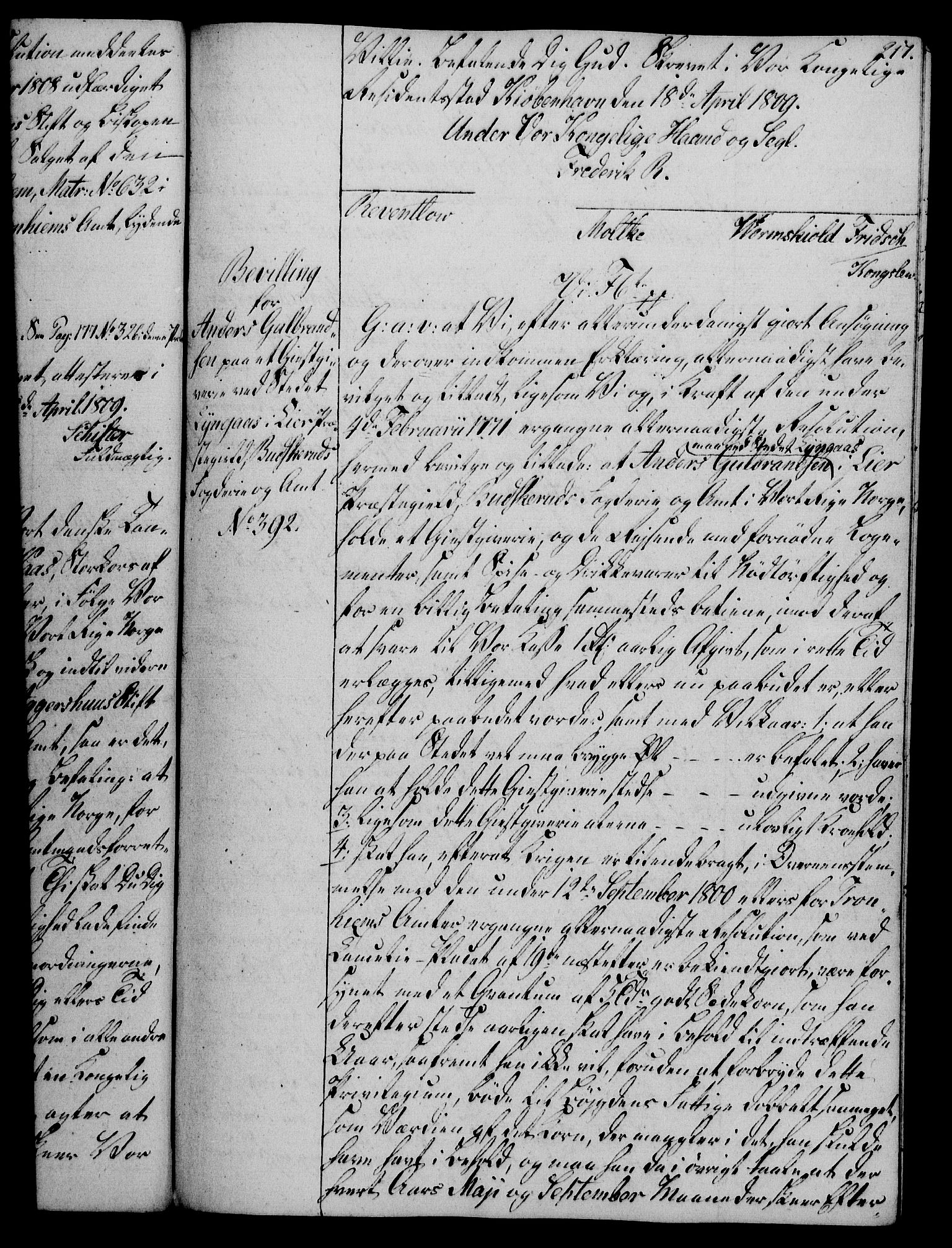 Rentekammeret, Kammerkanselliet, AV/RA-EA-3111/G/Gg/Gga/L0019: Norsk ekspedisjonsprotokoll med register (merket RK 53.19), 1807-1810, p. 217