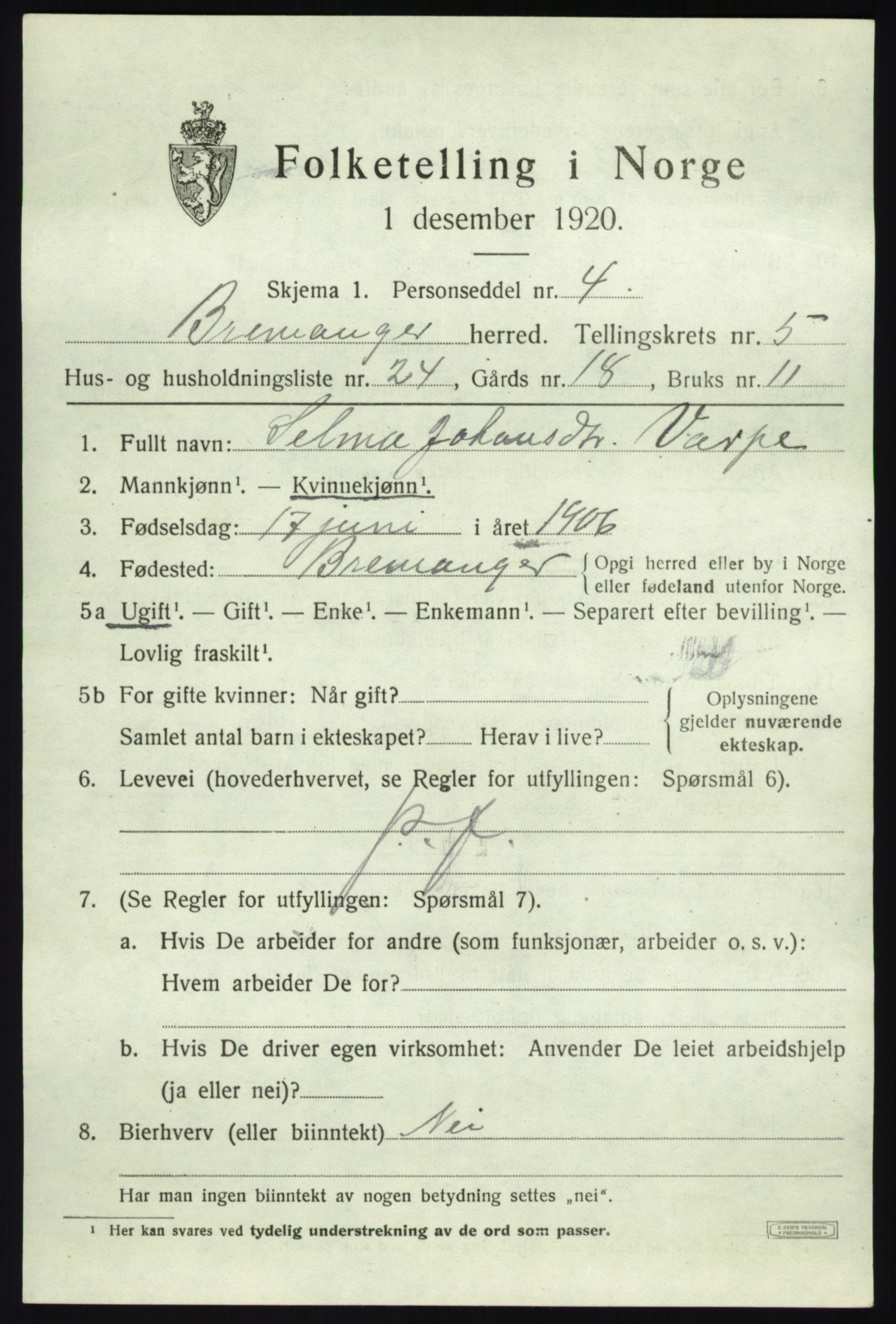 SAB, 1920 census for Bremanger, 1920, p. 3880