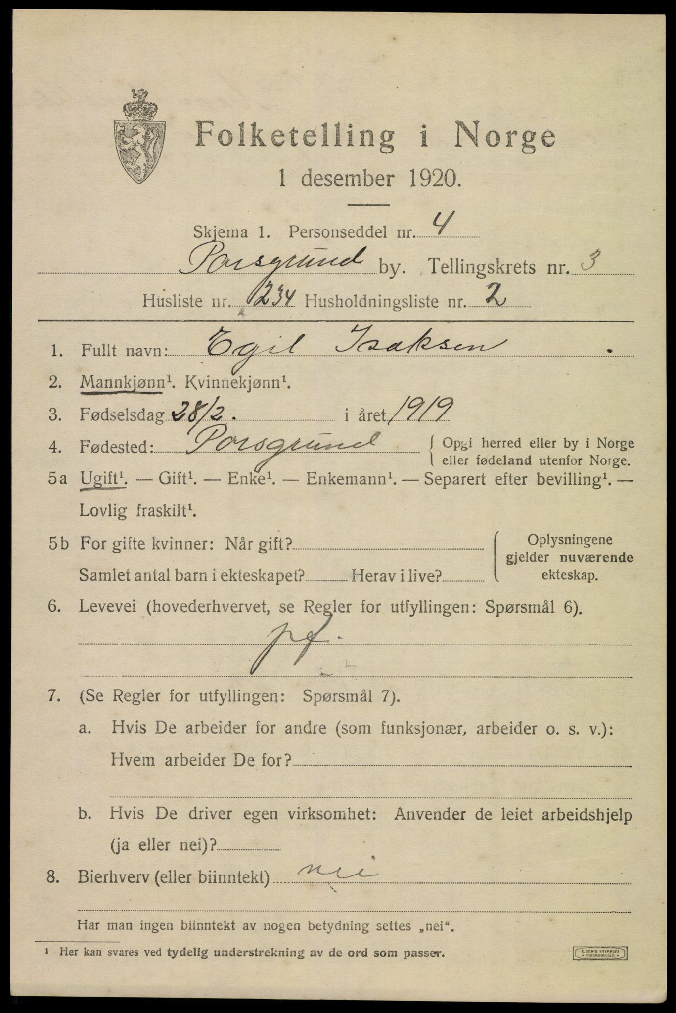 SAKO, 1920 census for Porsgrunn, 1920, p. 17401