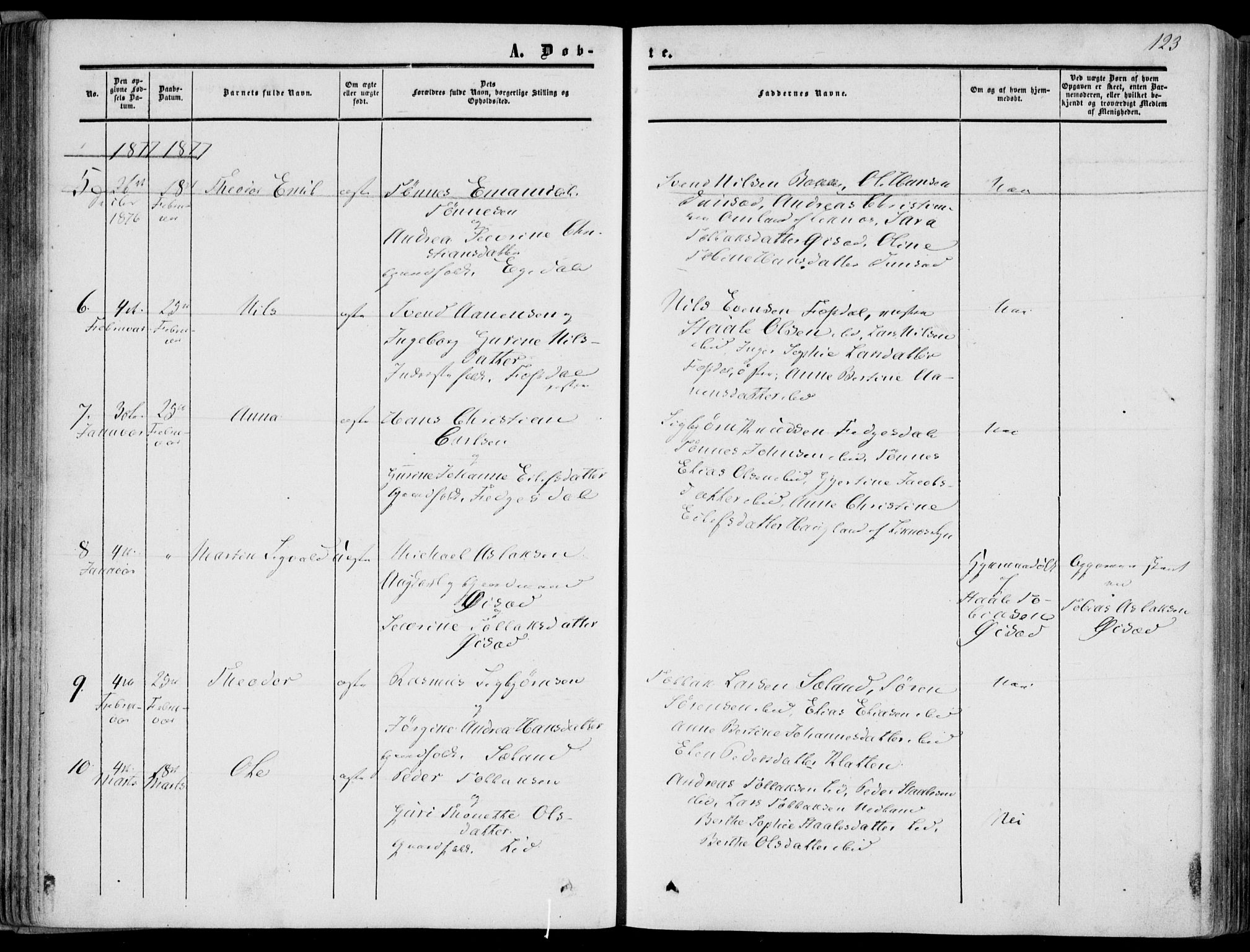 Bakke sokneprestkontor, AV/SAK-1111-0002/F/Fa/Fab/L0002: Parish register (official) no. A 2, 1855-1884, p. 123