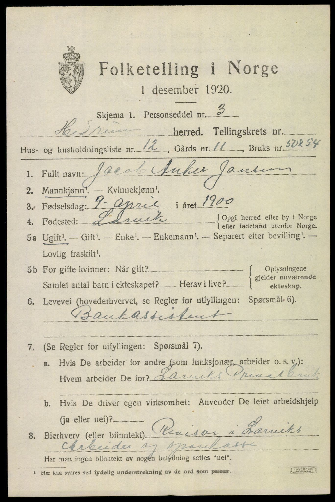 SAKO, 1920 census for Hedrum, 1920, p. 2547