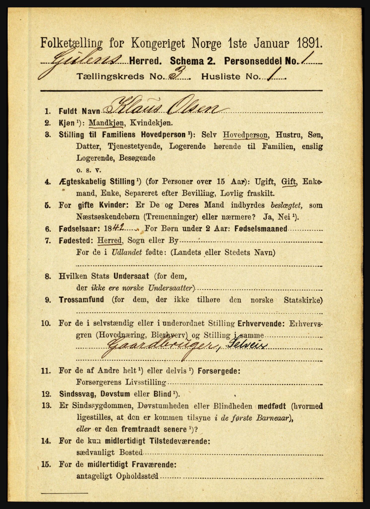 RA, 1891 census for 1411 Gulen, 1891, p. 880