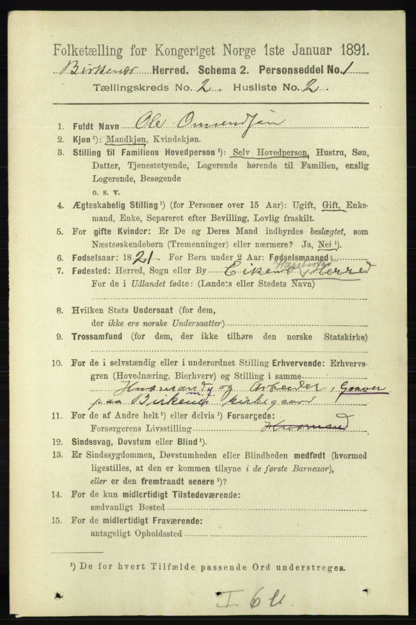 RA, 1891 Census for 0928 Birkenes, 1891, p. 508