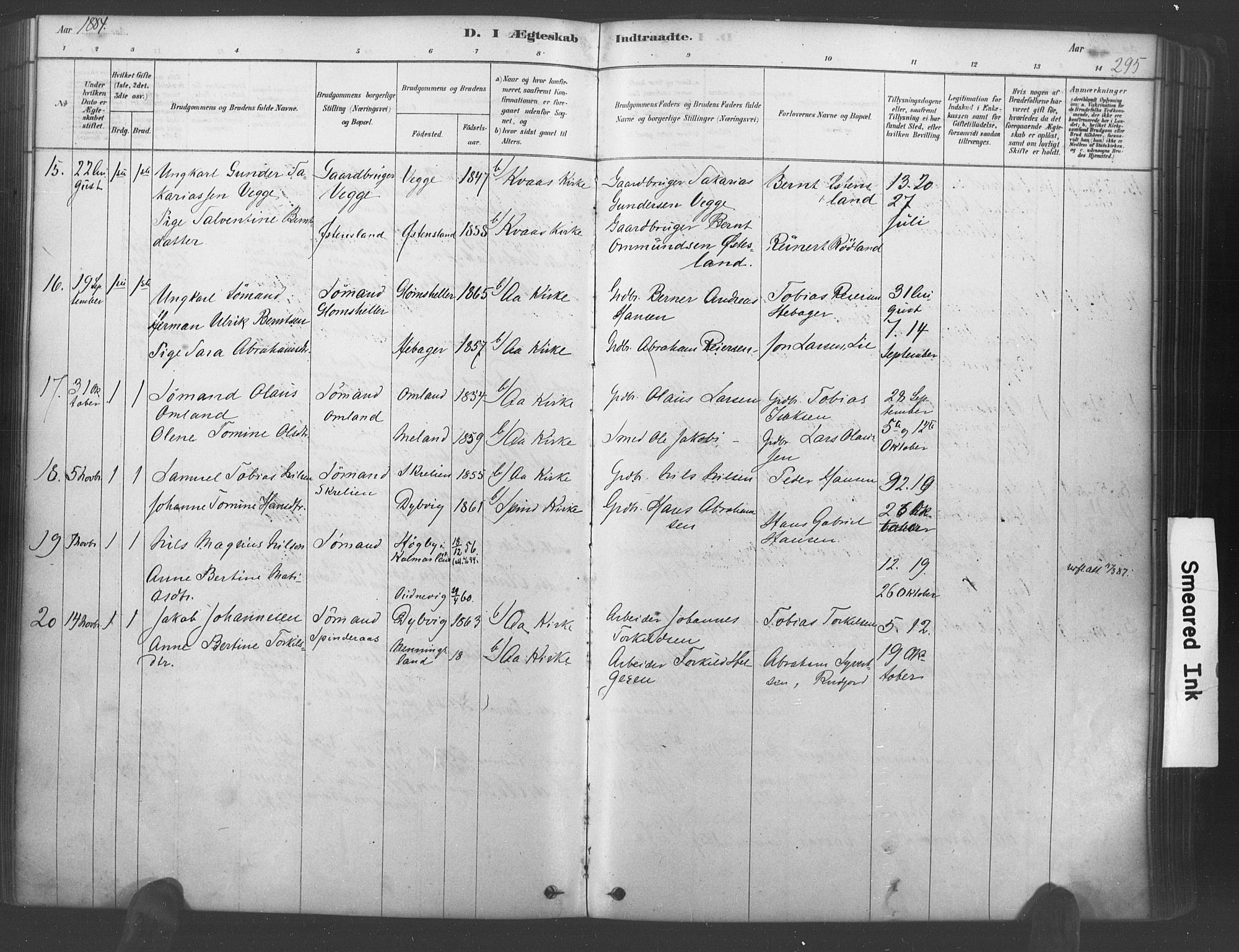 Lyngdal sokneprestkontor, AV/SAK-1111-0029/F/Fa/Fac/L0011: Parish register (official) no. A 11, 1878-1893, p. 295