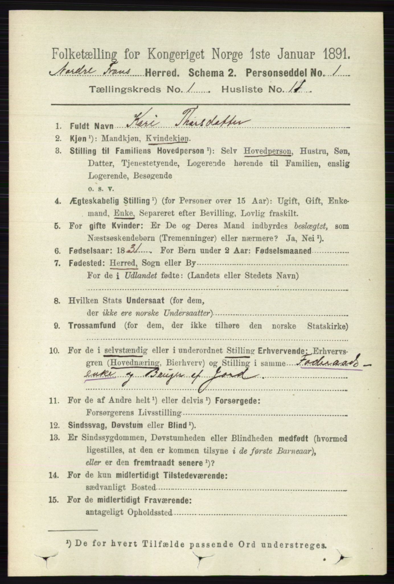 RA, 1891 census for 0518 Nord-Fron, 1891, p. 127